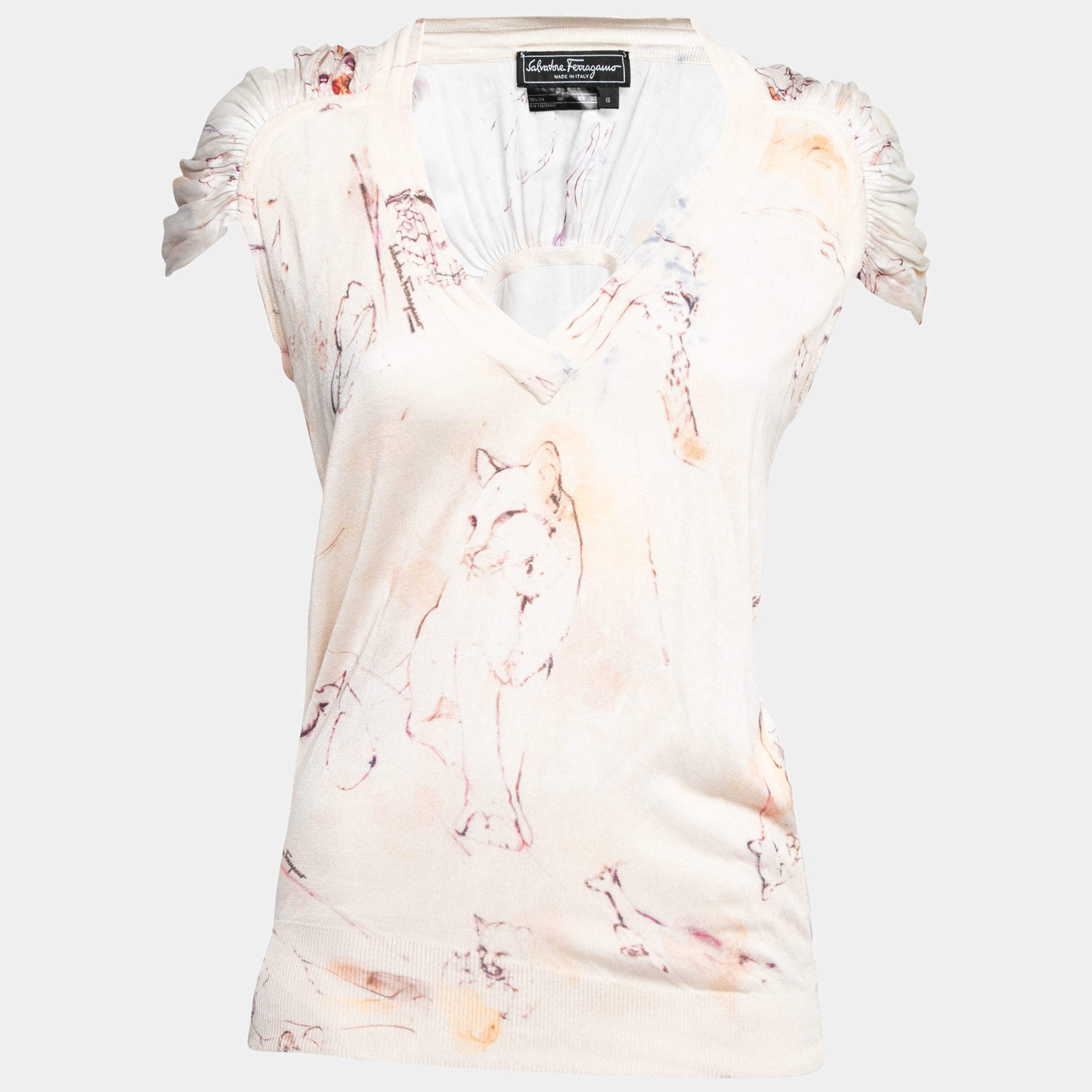Pre Owned Salvatore Ferragamo Cream Printed Silk Knit V-Neck Top S
