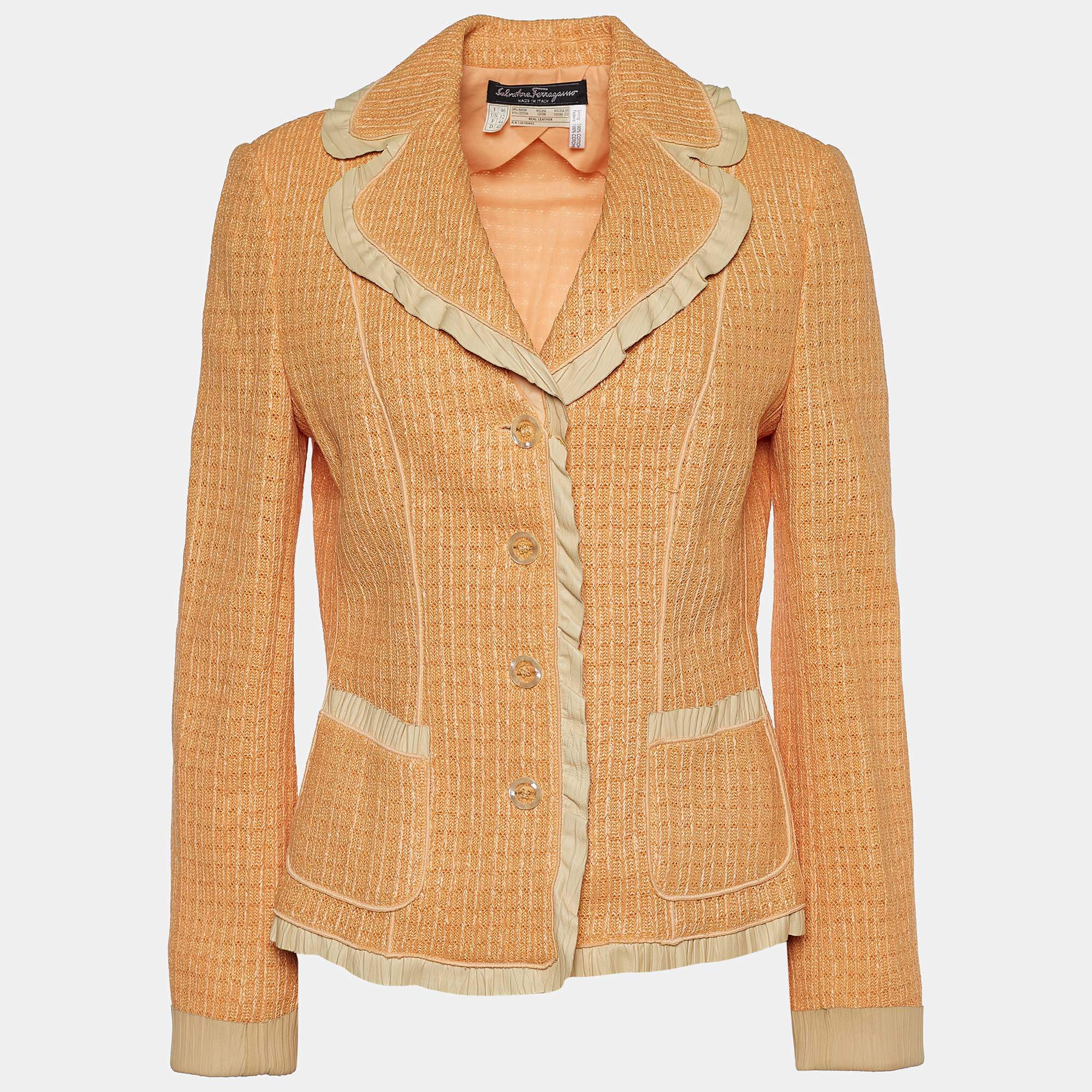 Pre Owned Salvatore Ferragamo Orange Synthetic Knit & Leather Trimmed Blazer L