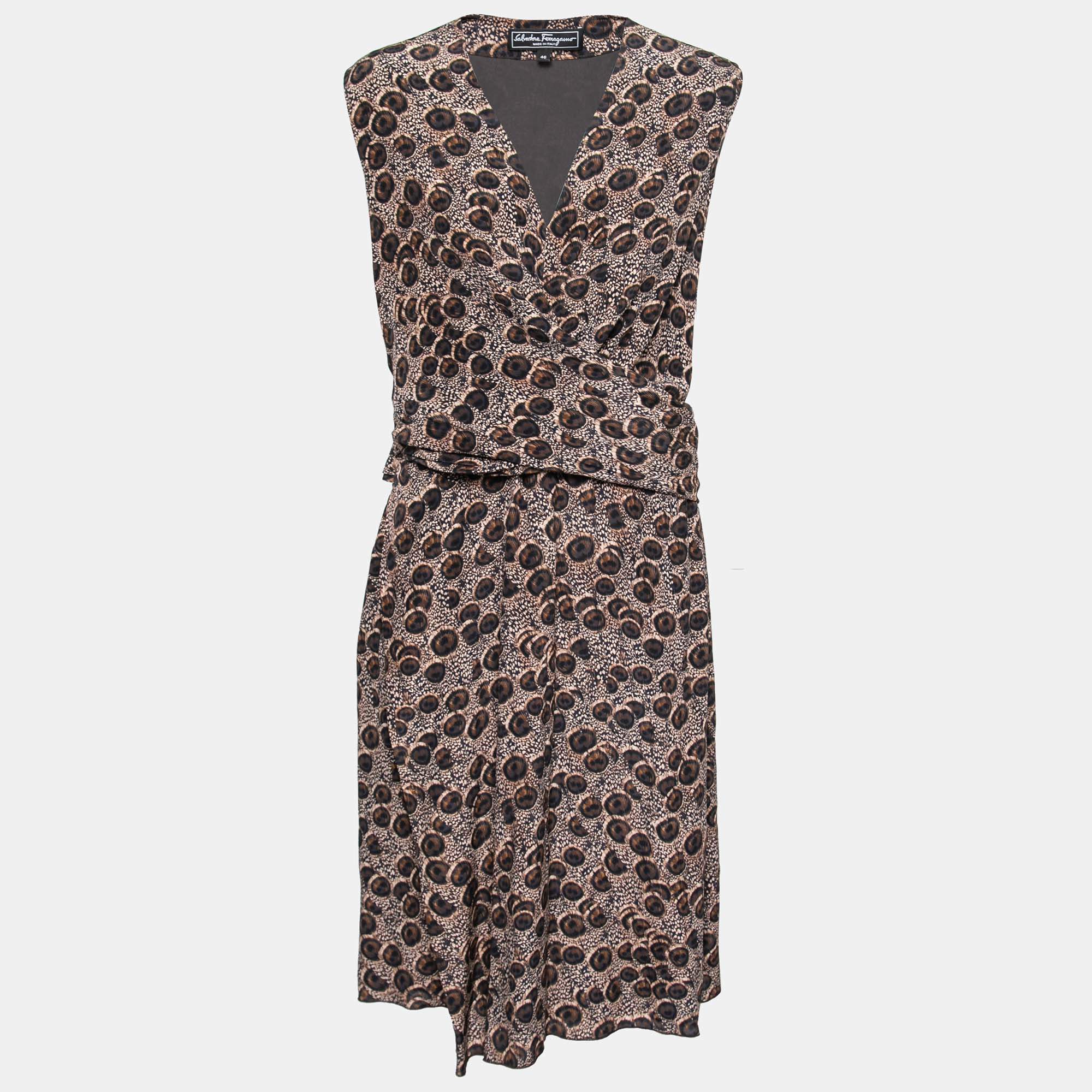 Pre Owned Salvatore Ferragamo Brown Peacock Feather Printed Silk Sleeveless Dress L