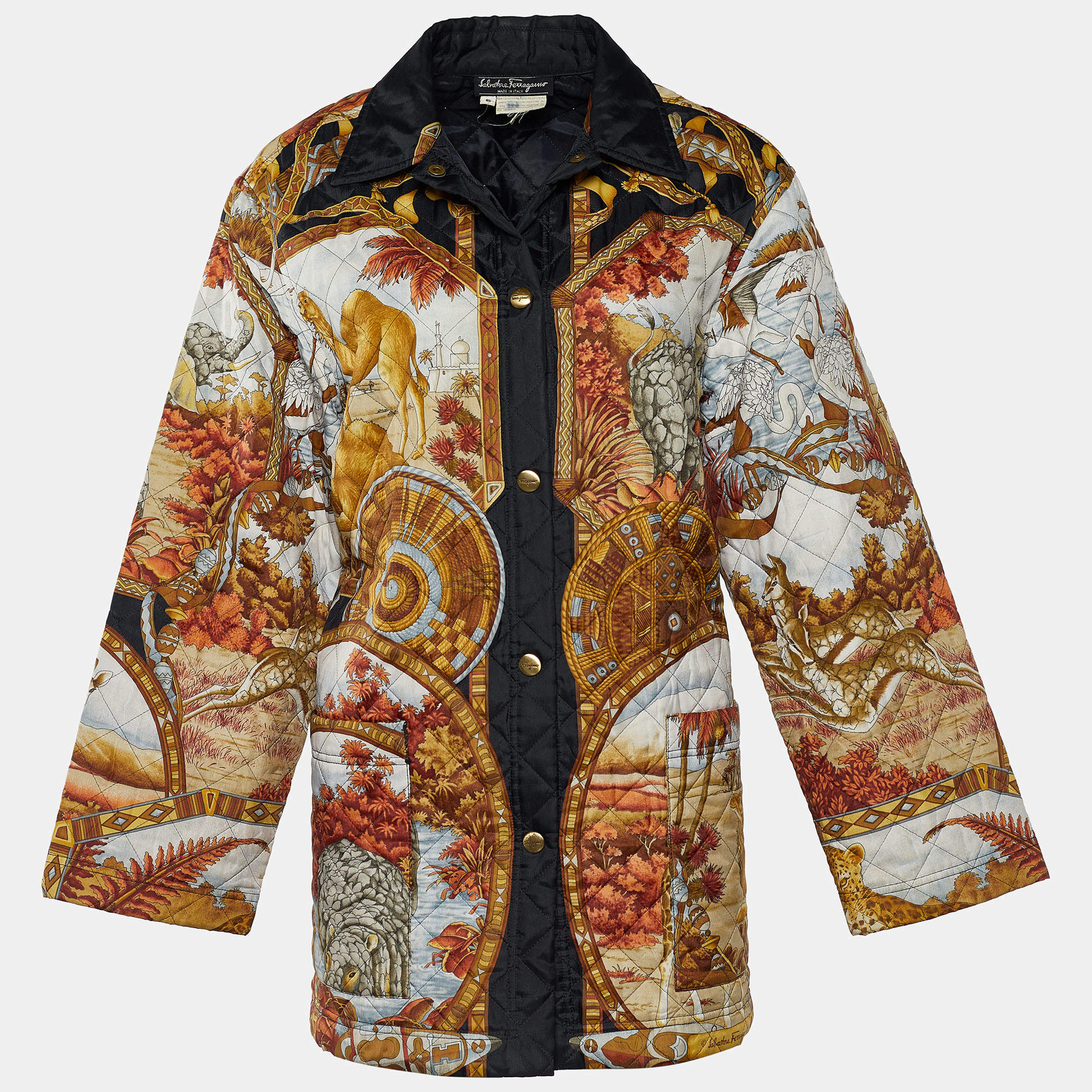 Salvatore Ferragamo Multicolor Printed Quilted Fabric Snap Button Jacket S