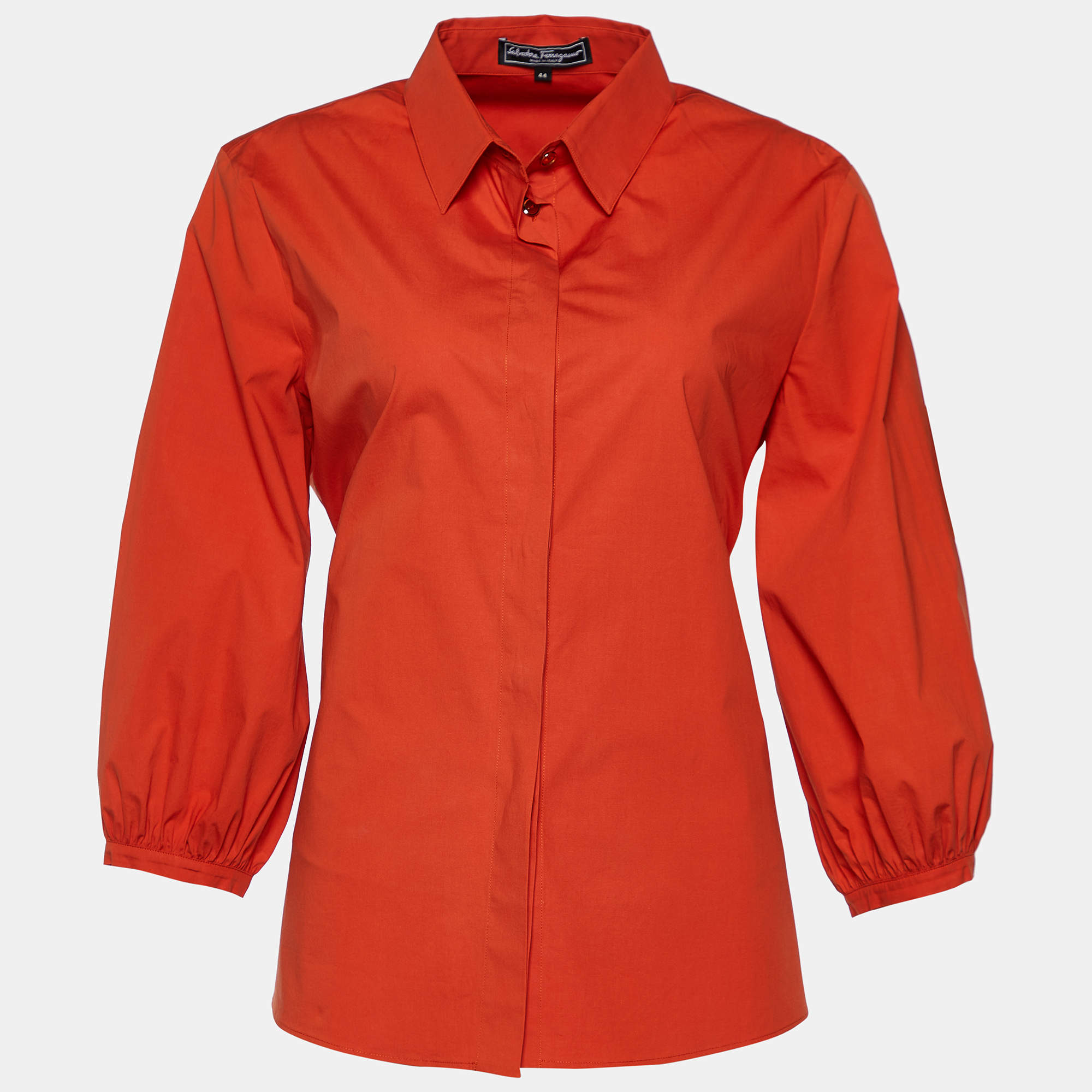 Pre Owned Salvatore Ferragamo Orange Stretch Cotton Button Front Blouse M