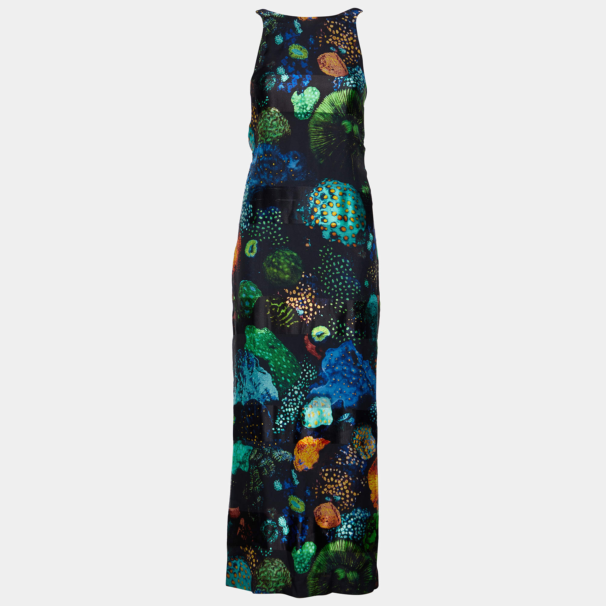 Salvatore Ferragamo Black Printed Silk Draped Back Neck Maxi Dress M