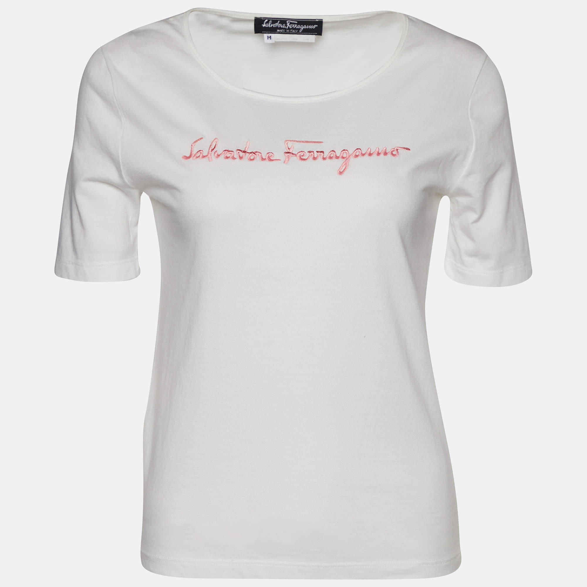 Pre Owned Salvatore Ferragamo White Logo Embroidered Cotton Round Neck T-Shirt M