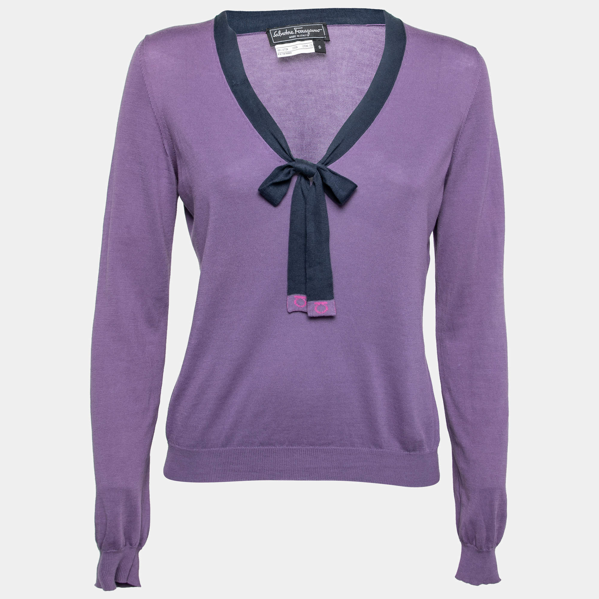 Pre Owned Salvatore Ferragamo Purple Cotton Knit Contrast Bow Detail Sweater S
