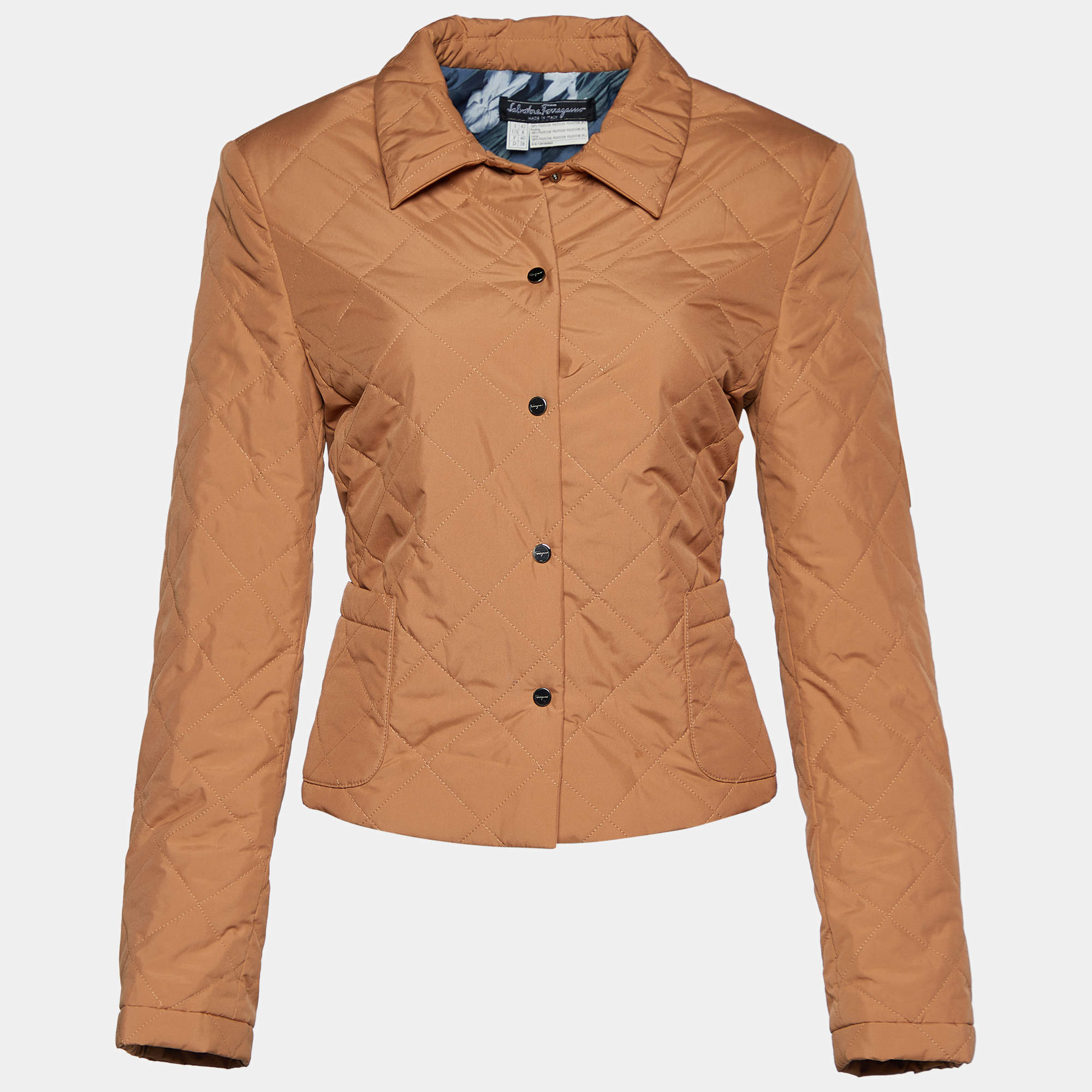Salvatore Ferragamo Tan Brown Quilted Button Front Jacket M