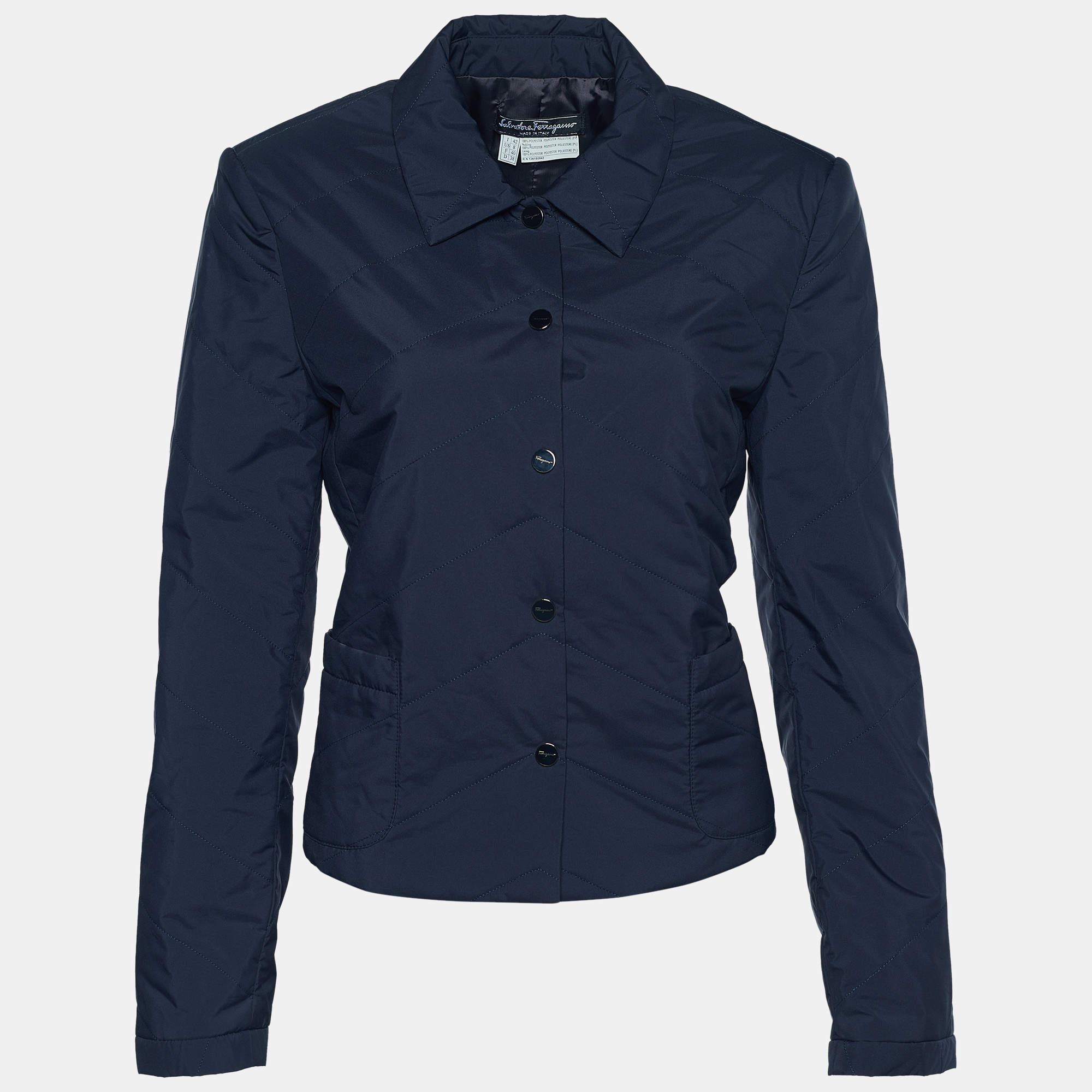 Pre Owned Salvatore Ferragamo Navy Blue Quilted Nylon Button Front Jacket  M