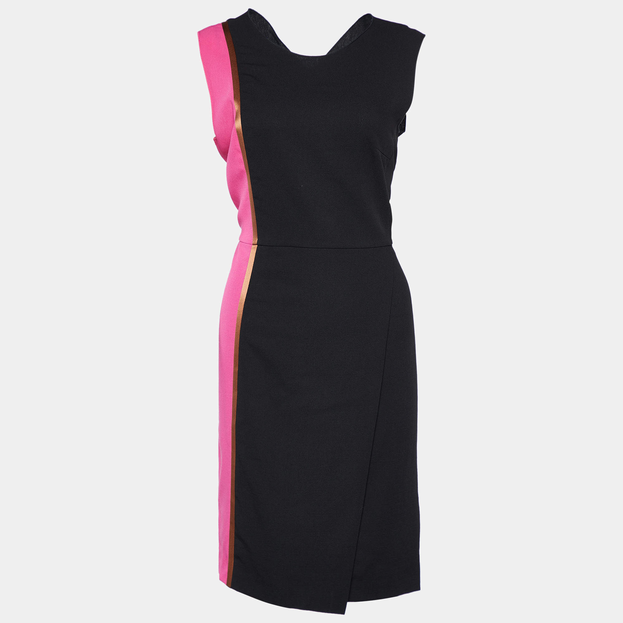 Pre Owned Salvatore Ferragamo Color Block Wool Crepe Sleeveless Sheath Dress M