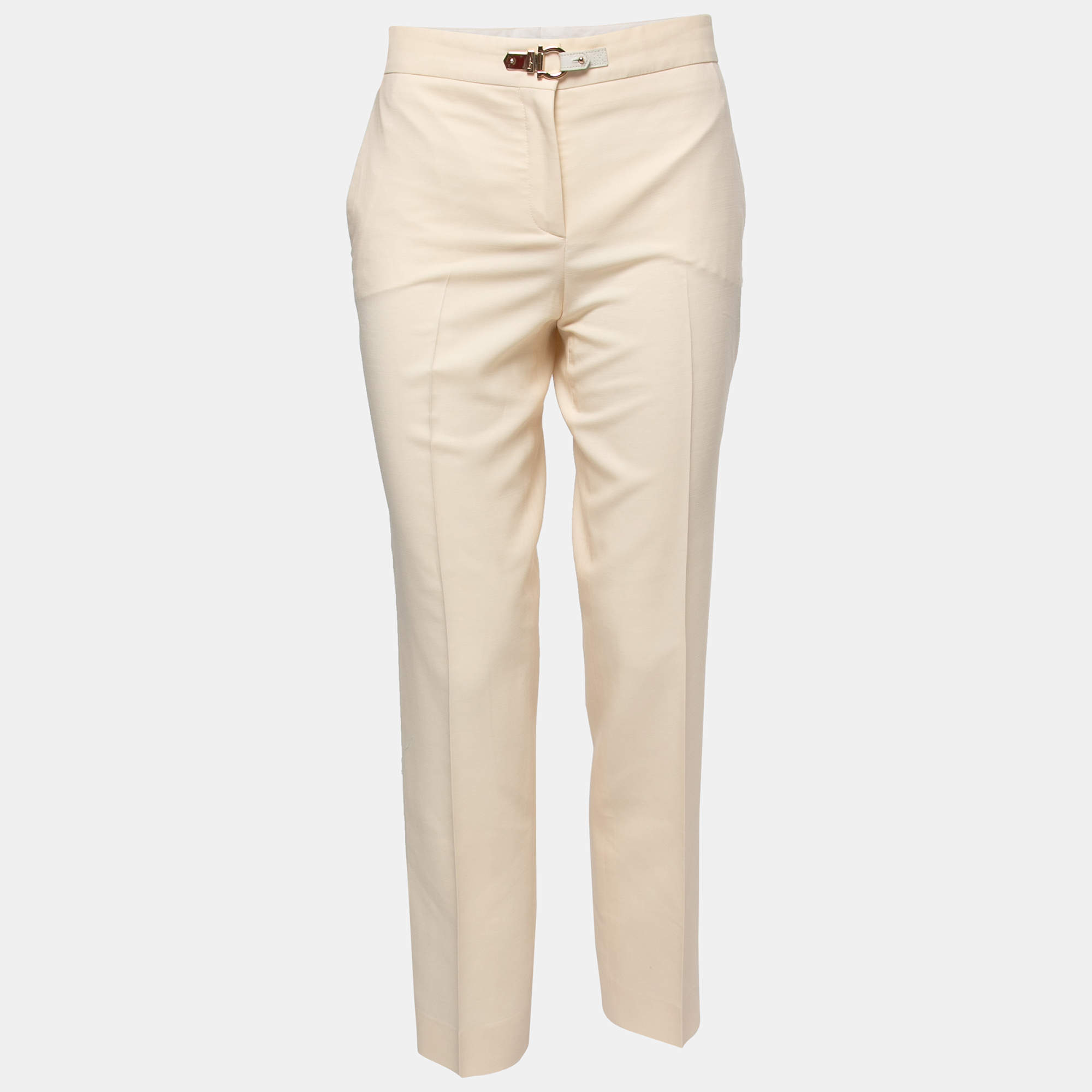 Pre Owned Salvatore Ferragamo Cream Wool Buckle Detail Trousers M