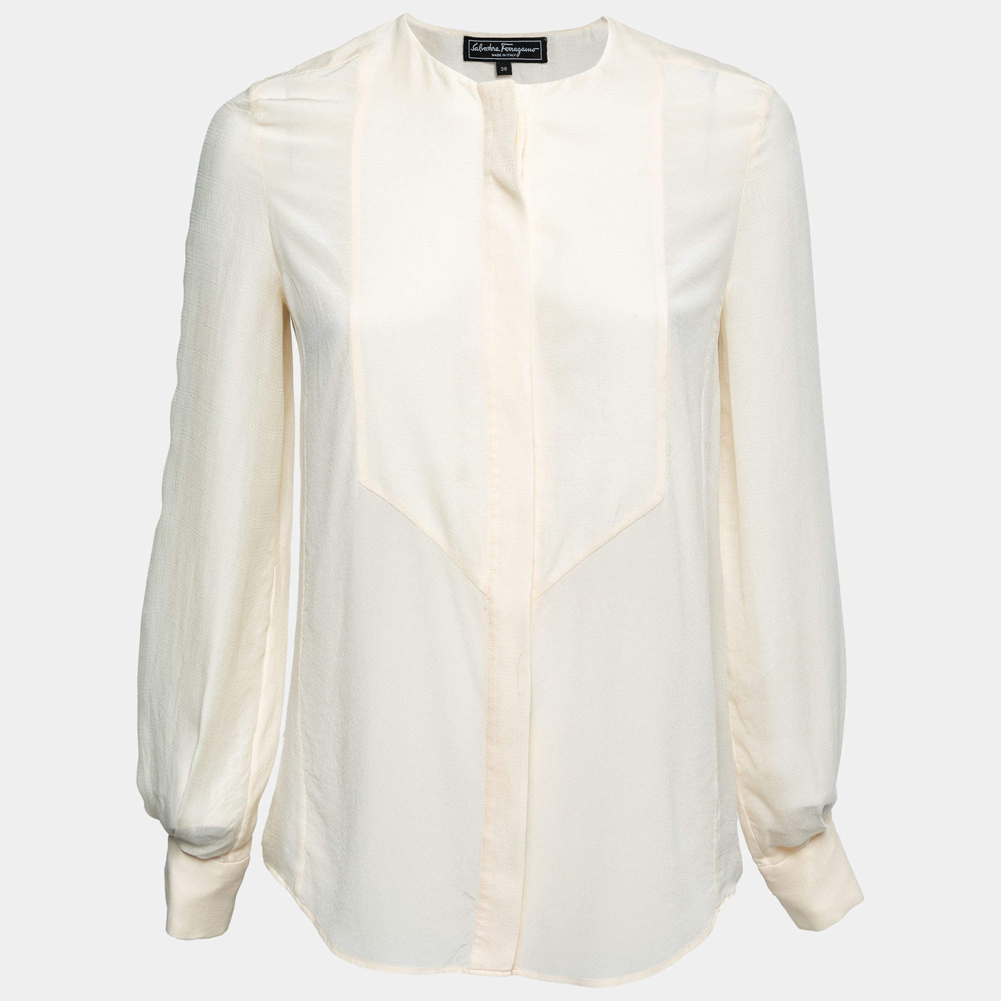 Salvatore Ferragamo Ivory Crepe Silk Button Front Top S
