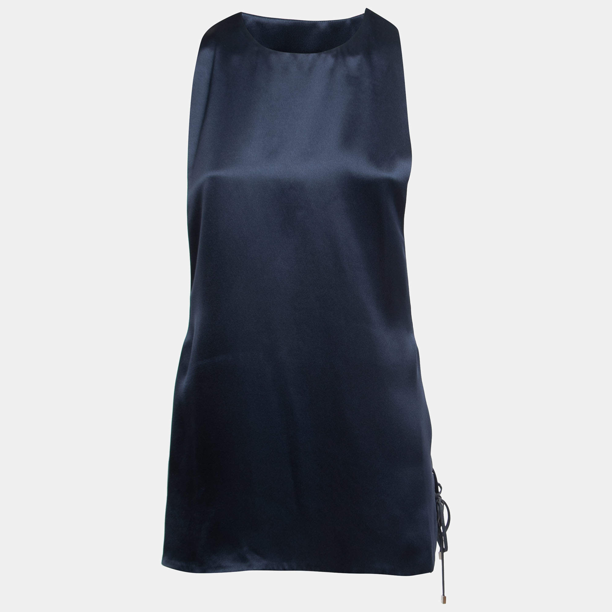 Pre Owned Salvatore Ferragamo Blue Silk Low-Cut Side Sleeveless Top L