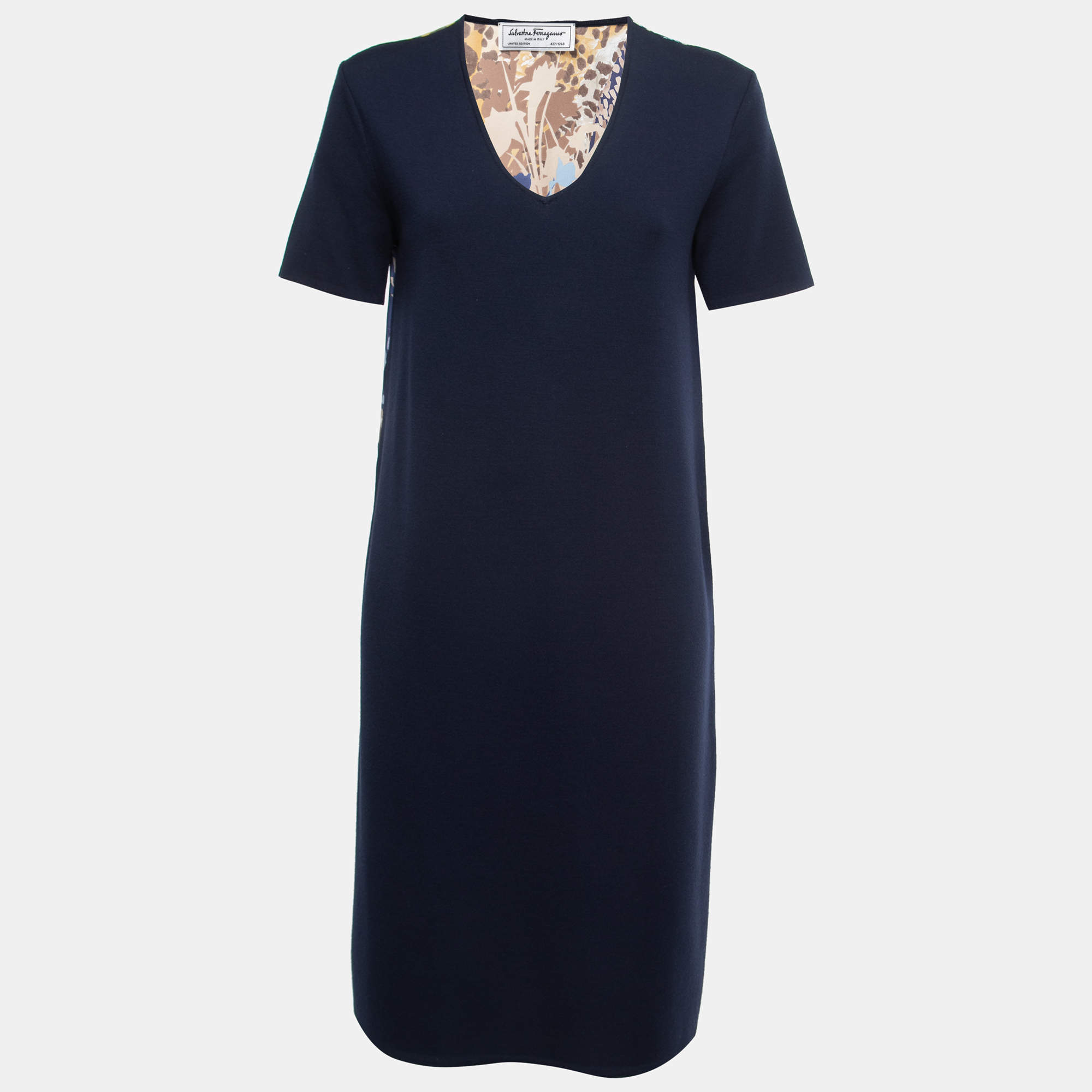 Pre Owned Salvatore Ferragamo Navy Blue Wool Knit & Leopard Printed Silk Dress M