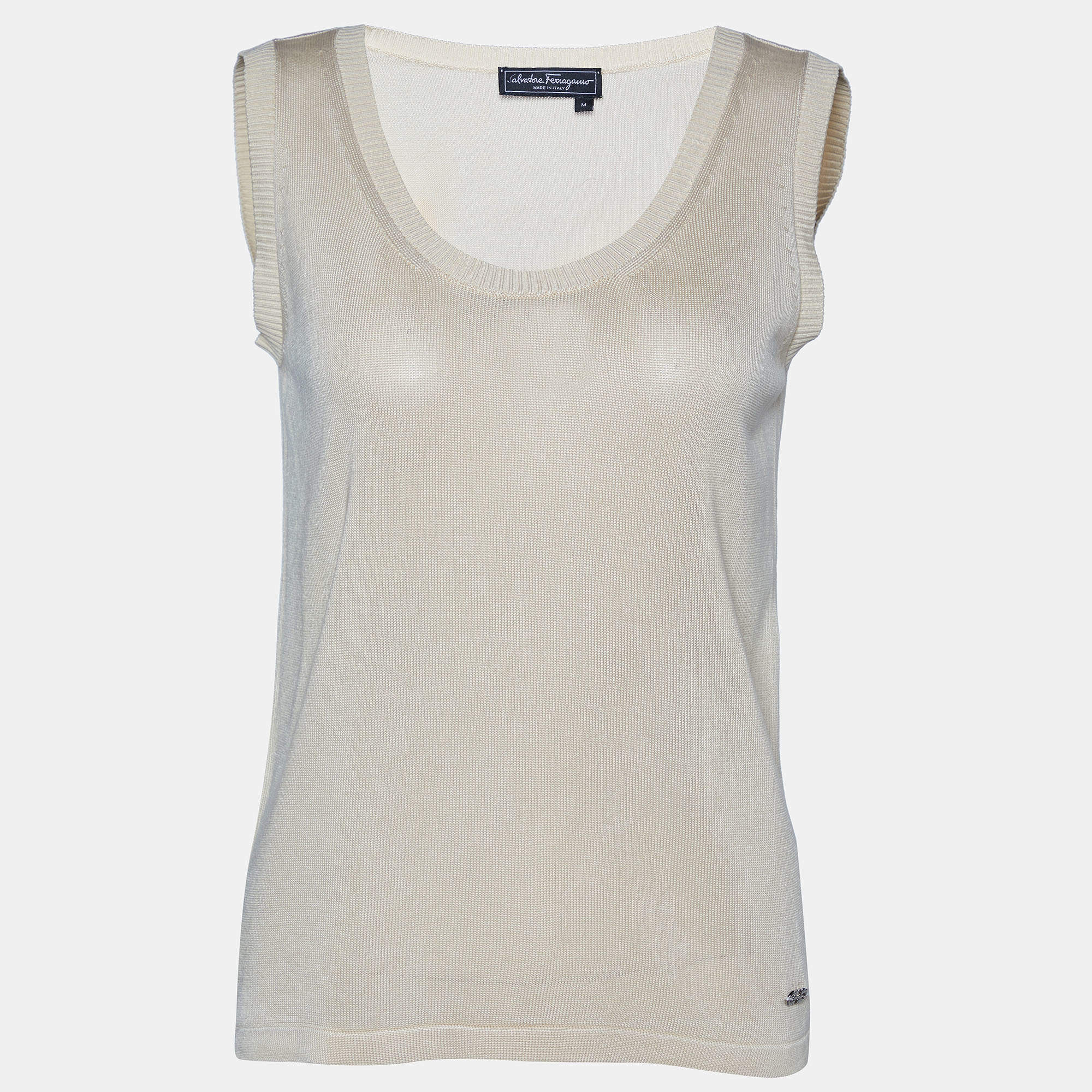 Pre Owned Salvatore Ferragamo Cream Cotton Knit Tank Top M