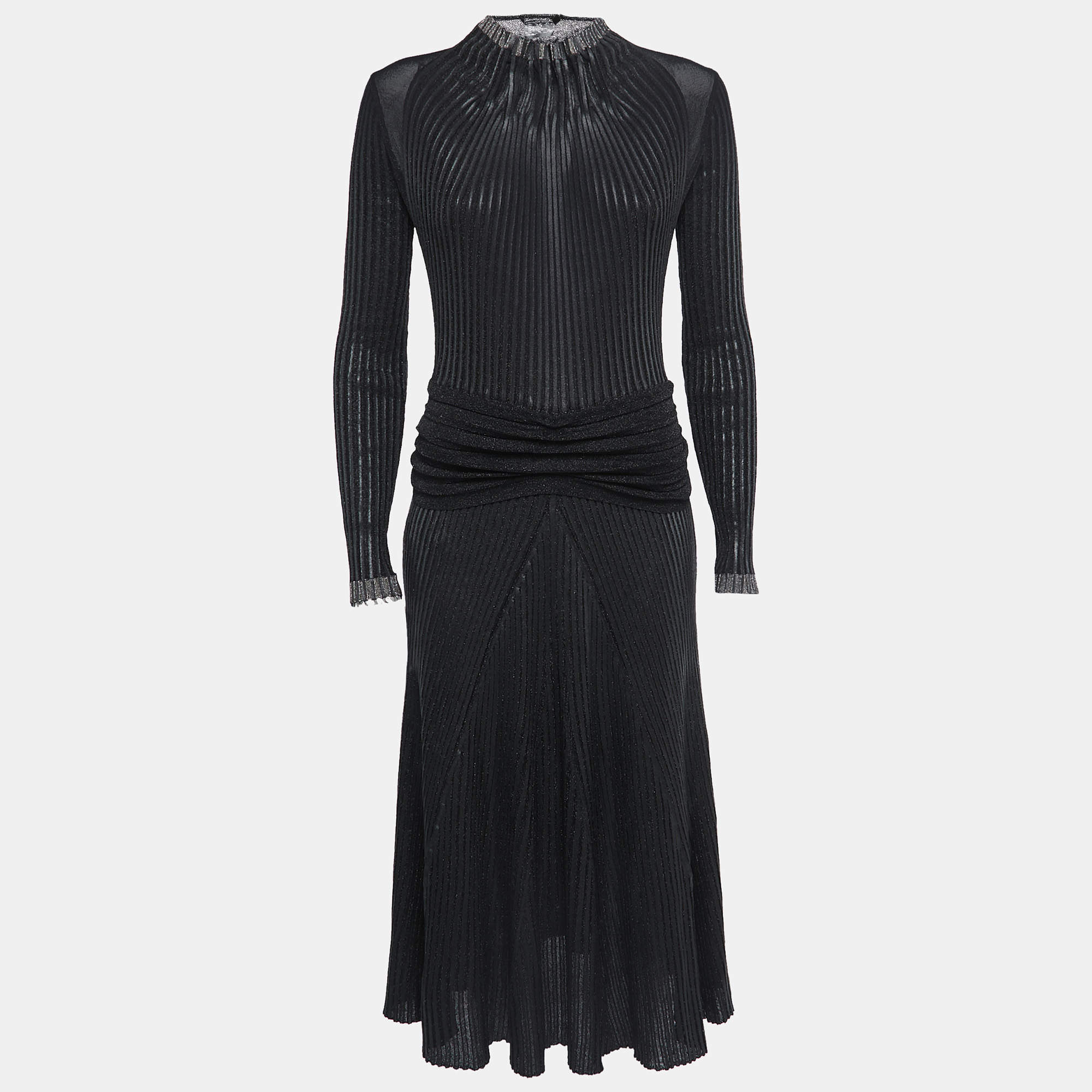 Pre Owned Salvatore Ferragamo Black Lurex Knit Mock Neck Long Sleeve Midi Dress S
