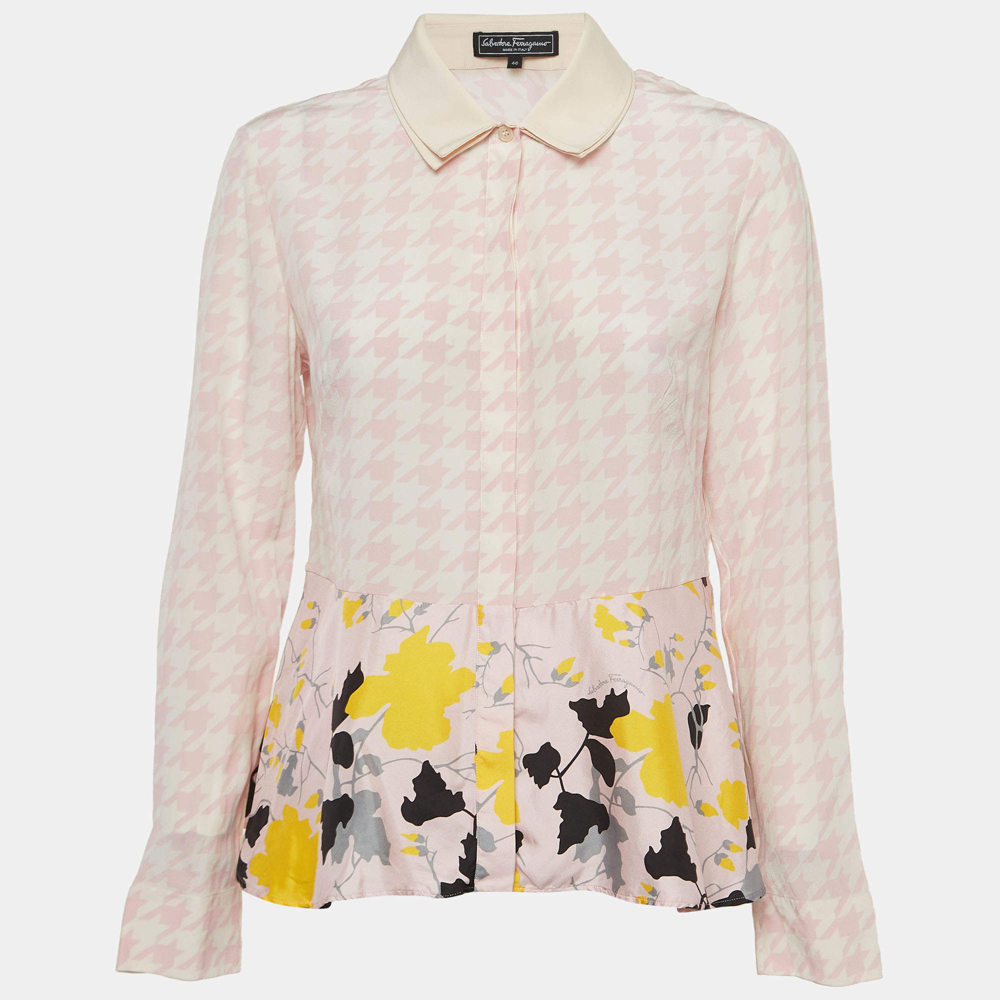 Pre Owned Salvatore Ferragamo Pink Print Silk Peplum Shirt Blouse L