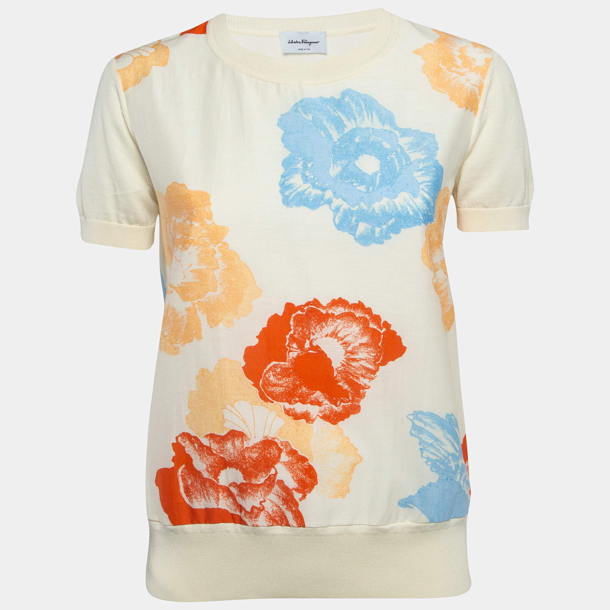 Pre Owned Salvatore Ferragamo Cream Floral Print Cotton Knit Short Sleeves Top S