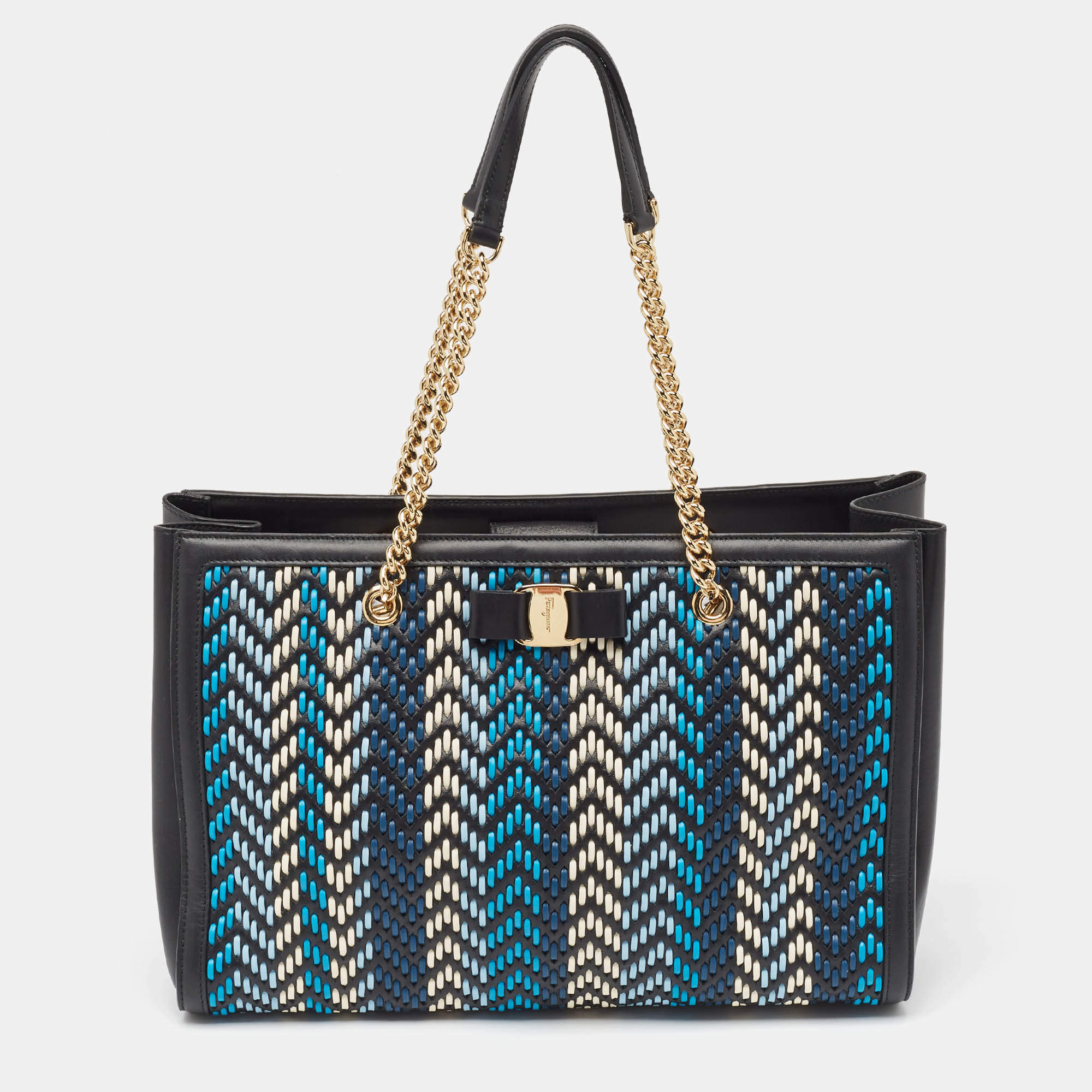 Pre Owned Salvatore Ferragamo Black/Blue Woven Leather Vara Bow Tote