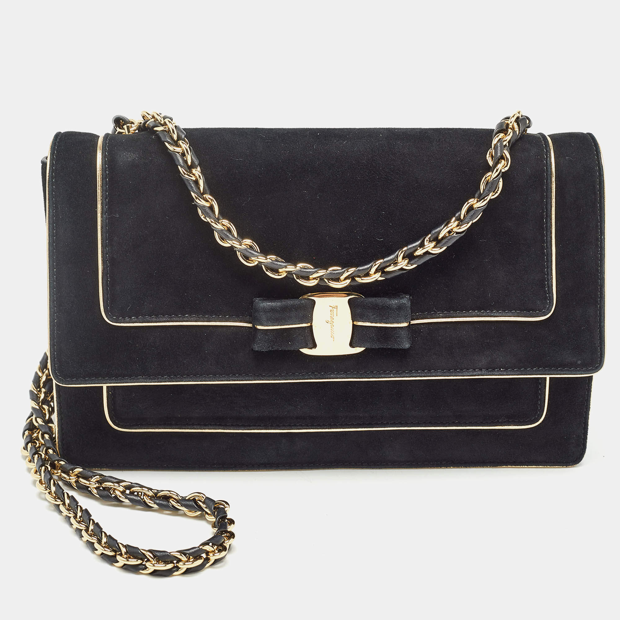 Pre Owned Salvatore Ferragamo Black/Gold Suede Ginny Shoulder Bag