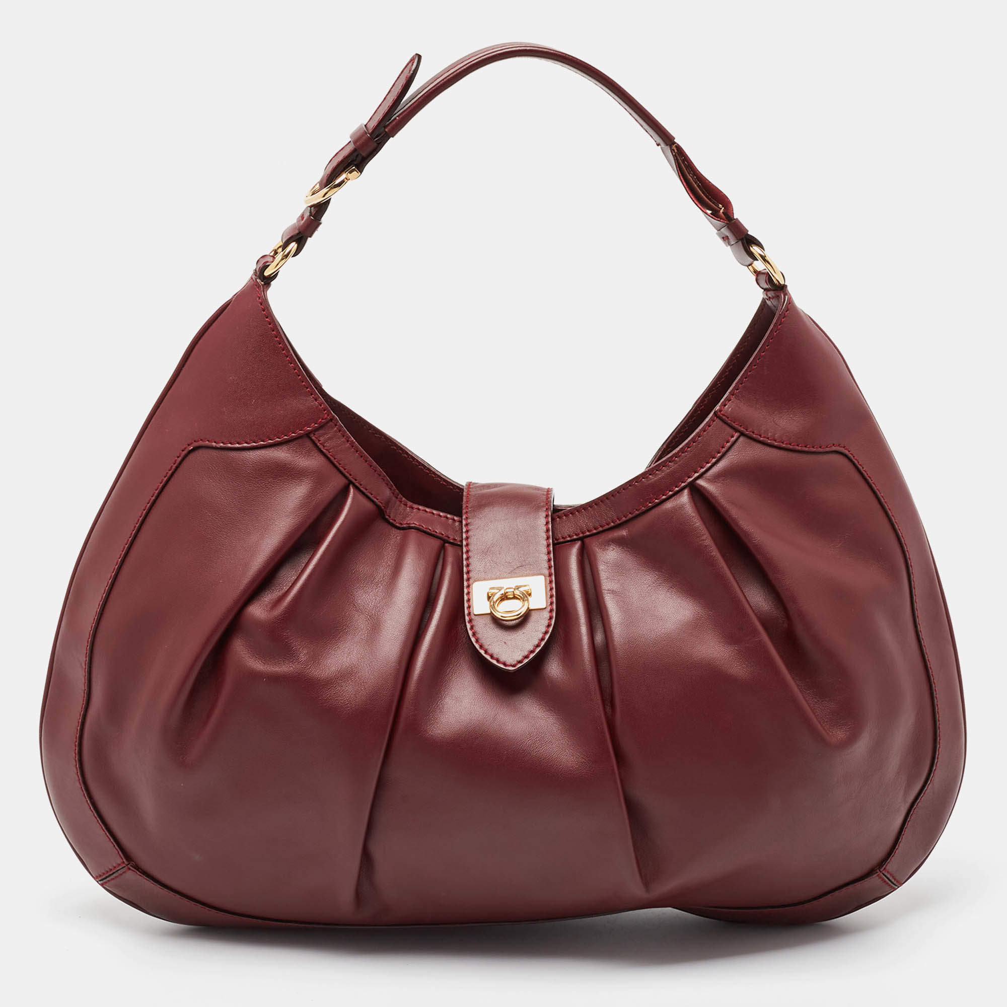 Pre Owned Salvatore Ferragamo Burgundy Pleated Leather Gancini Flap Hobo