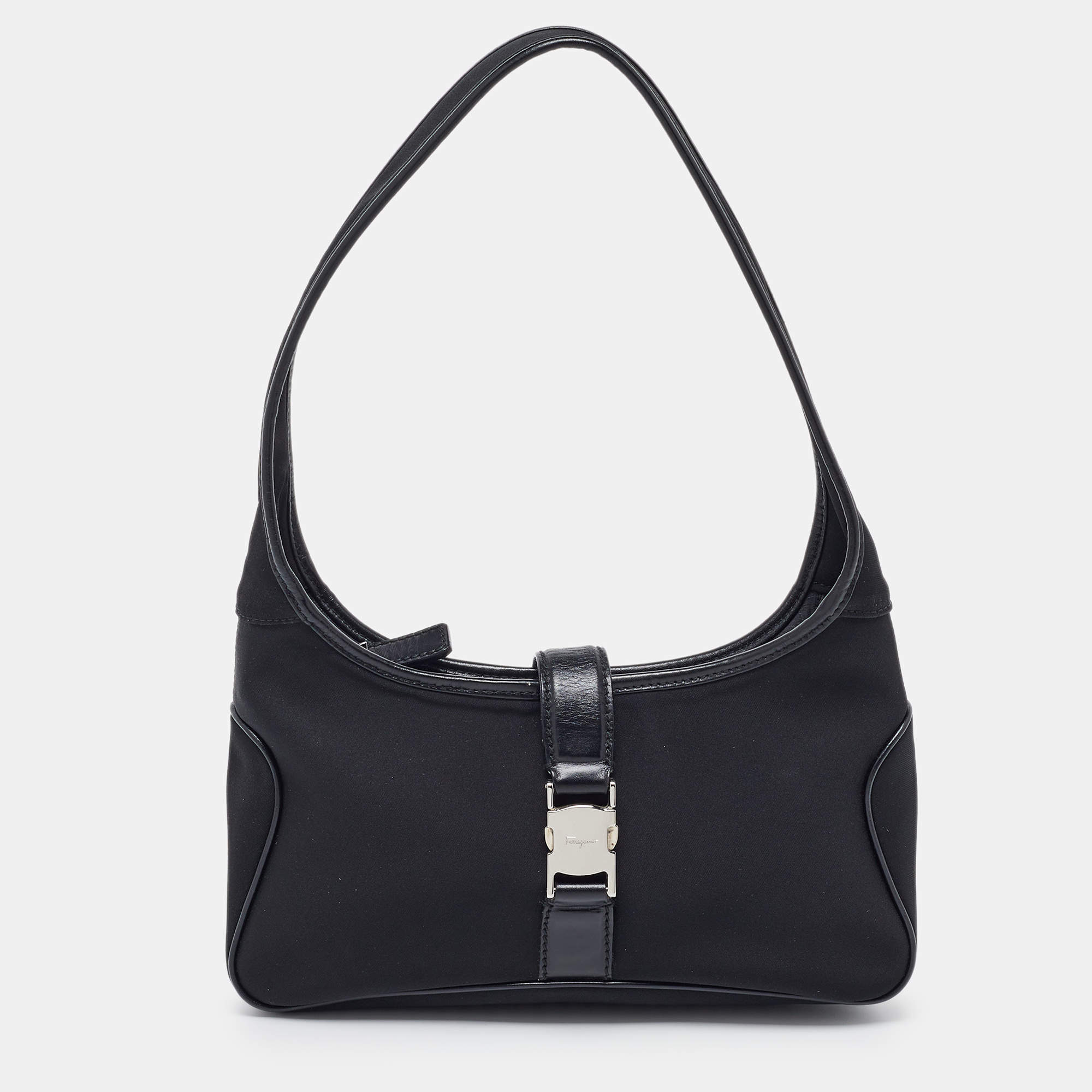 Salvatore Ferragamo Black Canvas and Leather Hobo