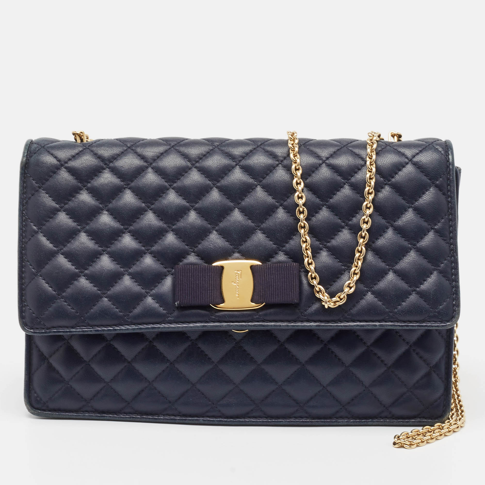 Pre Owned Salvatore Ferragamo Navy Blue Quilted Leather Vara Bow Chain Bag