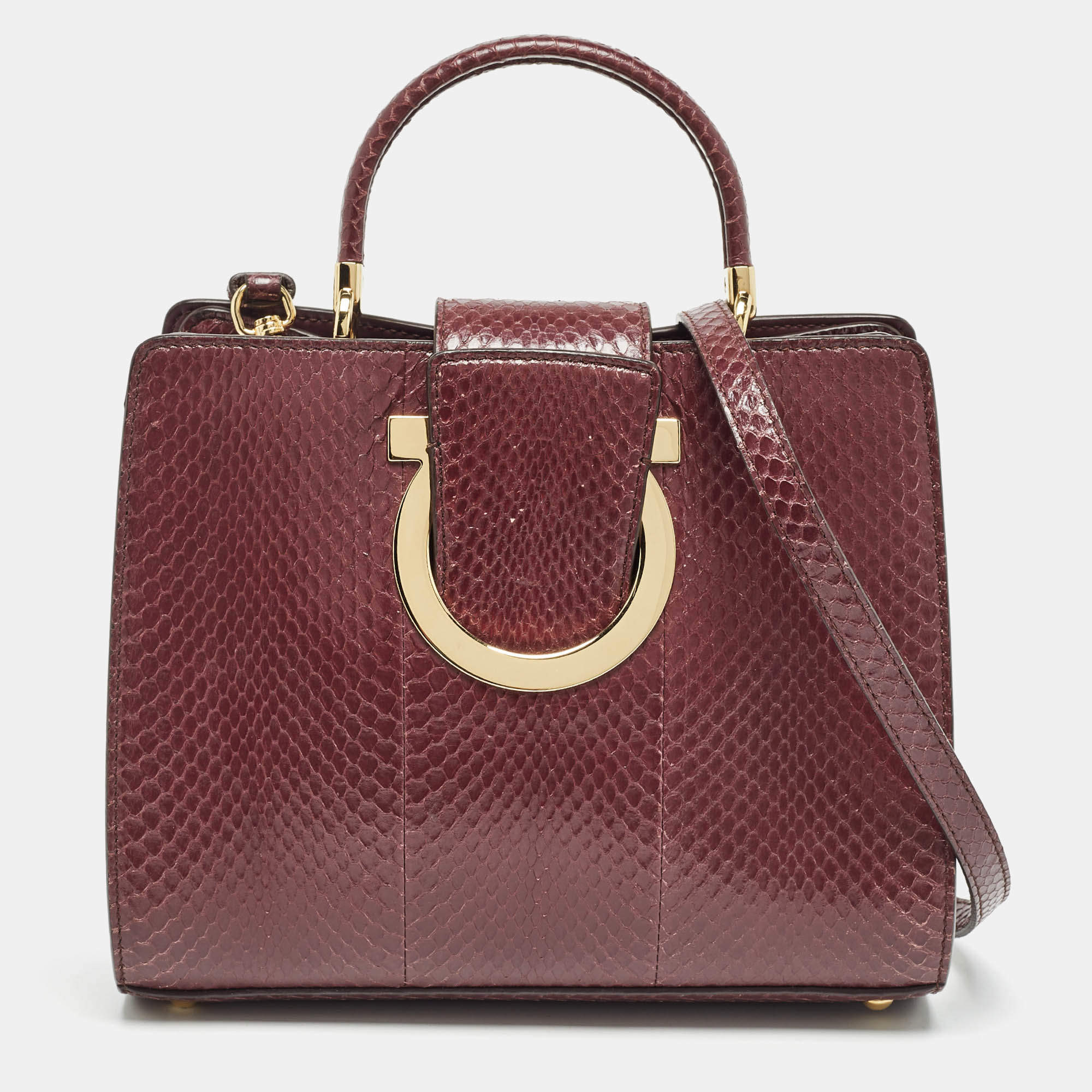 Pre Owned Salvatore Ferragamo Burgundy Snakeskin Thea Top Handle Bag
