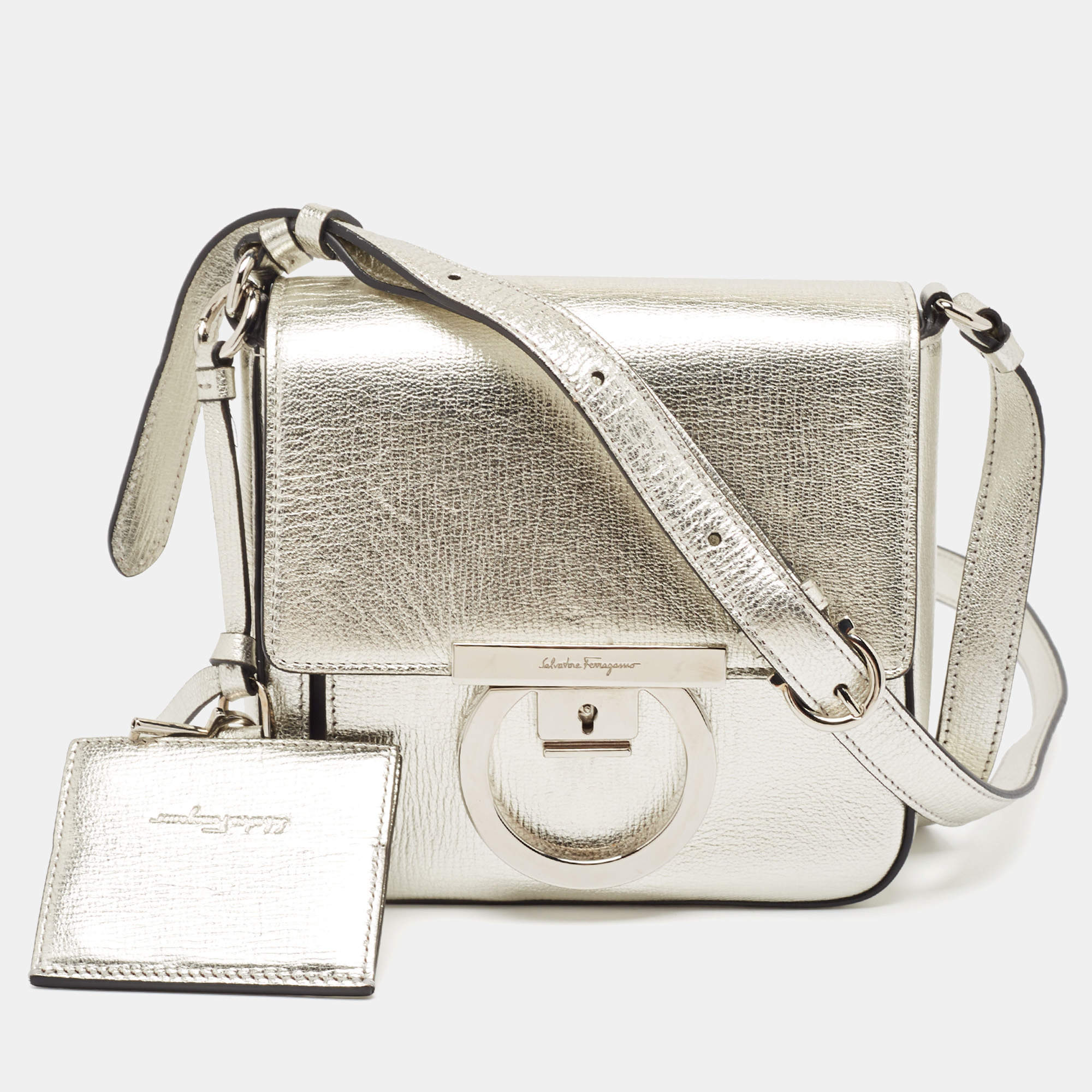 Pre Owned Salvatore Ferragamo Silver Leather Lock Charm Crossbody Bag