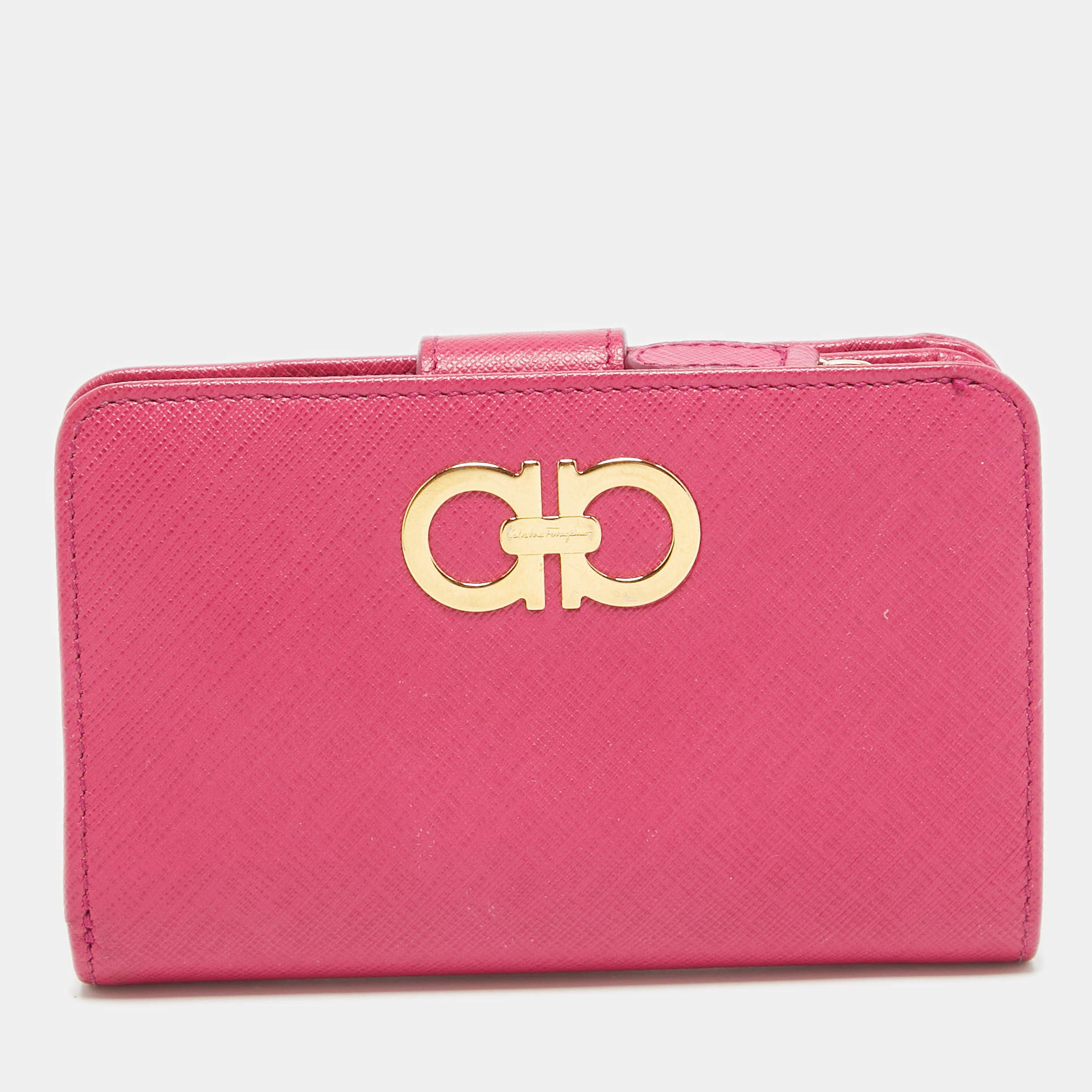 Pre Owned Salvatore Ferragamo Pink Leather Gancini French Wallet