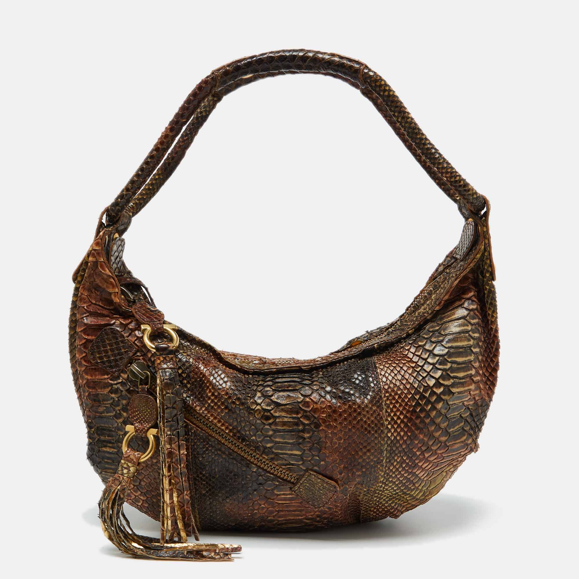 Salvatore Ferragamo Brown Python Leather Hobo