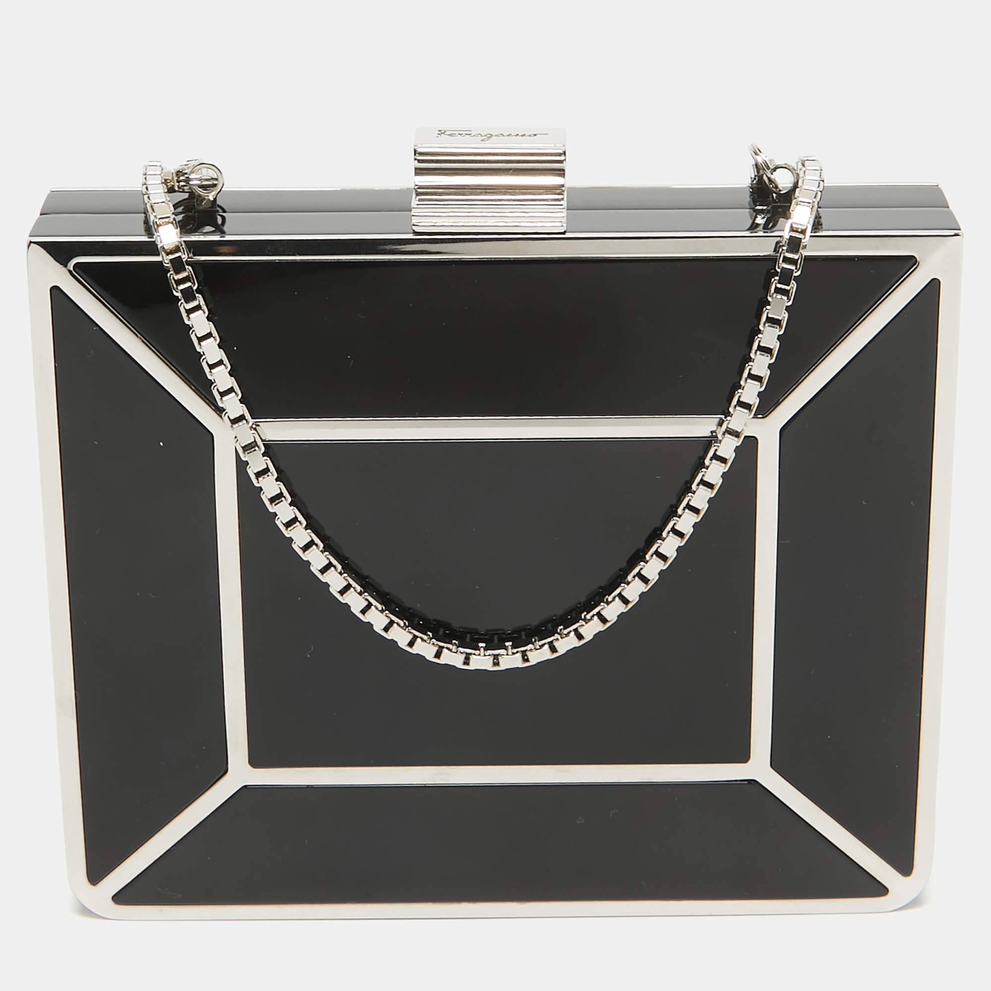 Pre Owned Salvatore Ferragamo Black Metal Plexiglass Dolly Box Clutch
