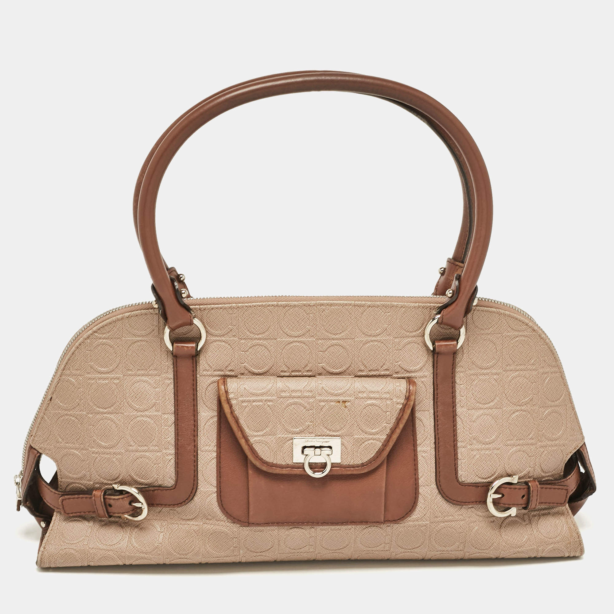 Salvatore Ferragamo Beige/Brown Gancini Embossed Leather Zip Satchel