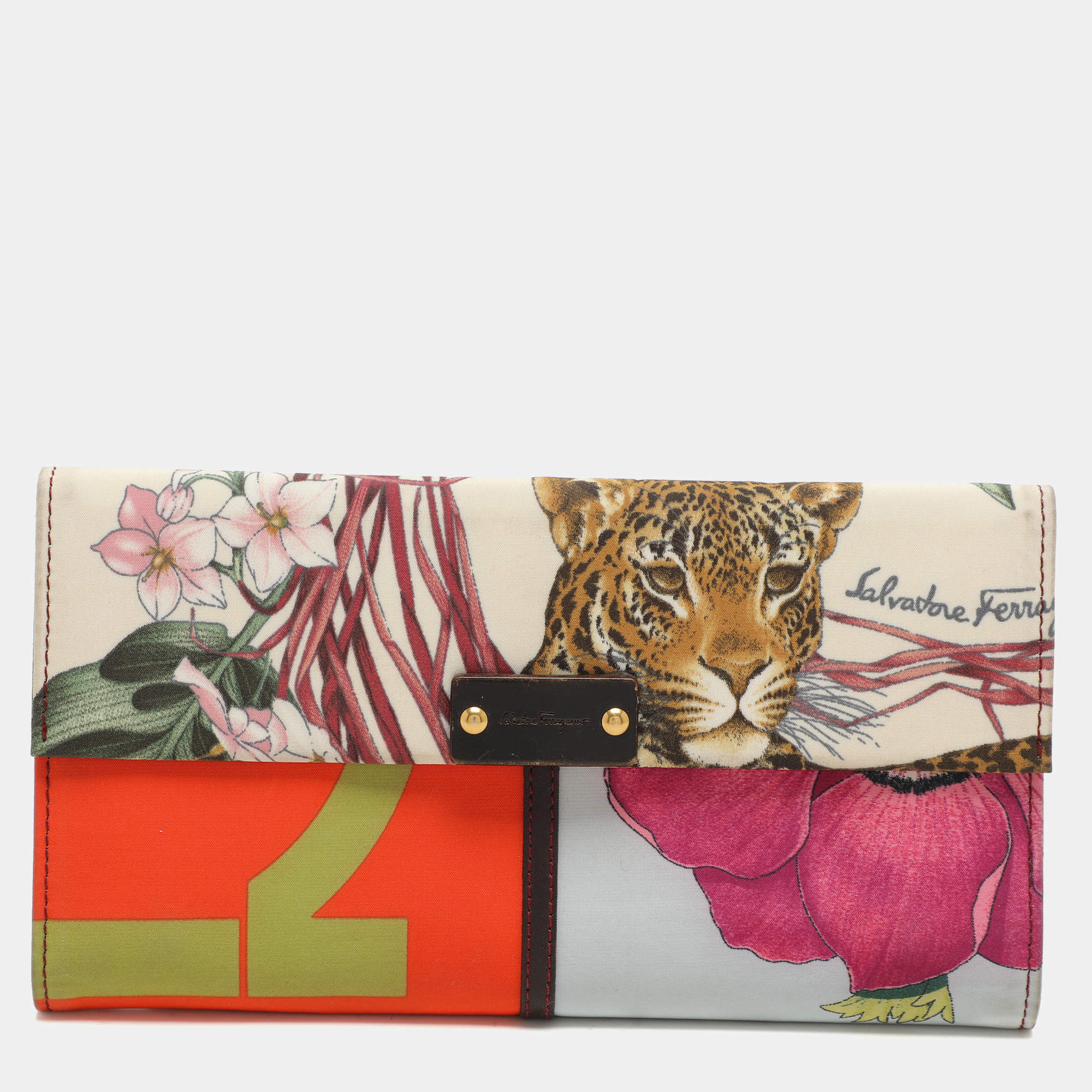 Salvatore Ferragamo Multicolor Jungle Print Fabric Flap Continental Wallet