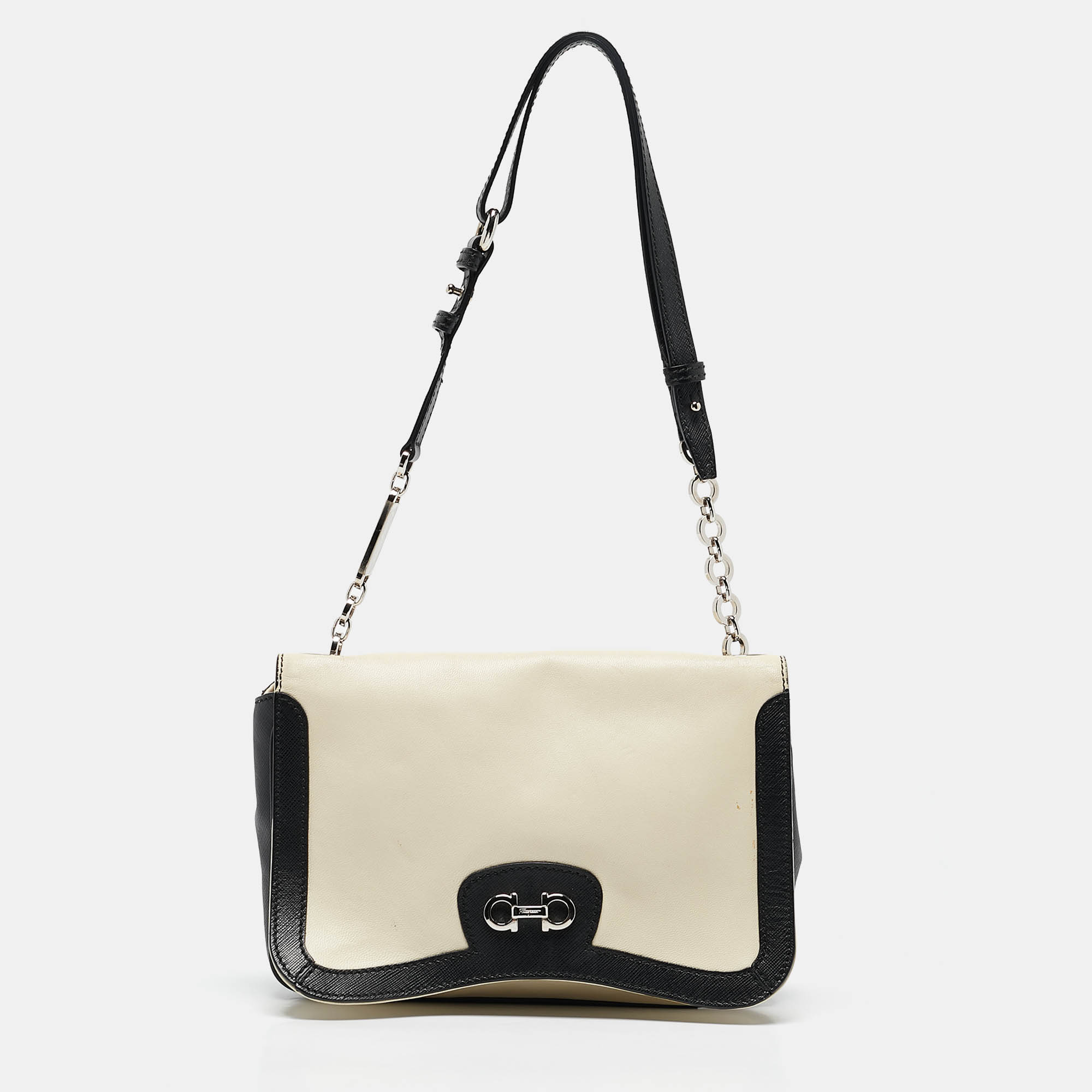 Salvatore Ferragamo Black/Off White Leather Gancini Shoulder Bag