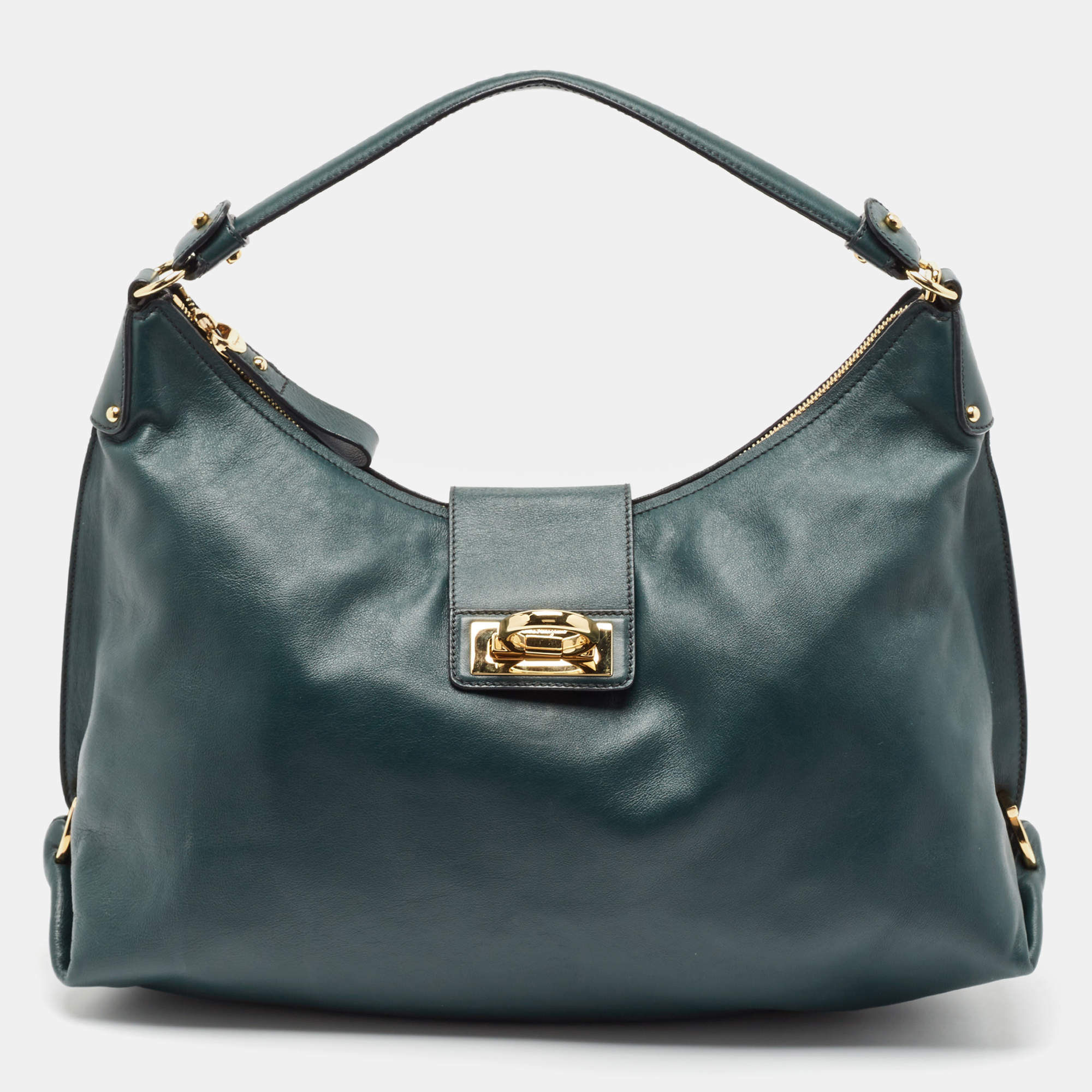 Pre Owned Salvatore Ferragamo Dark Green Leather Fanisa Hobo