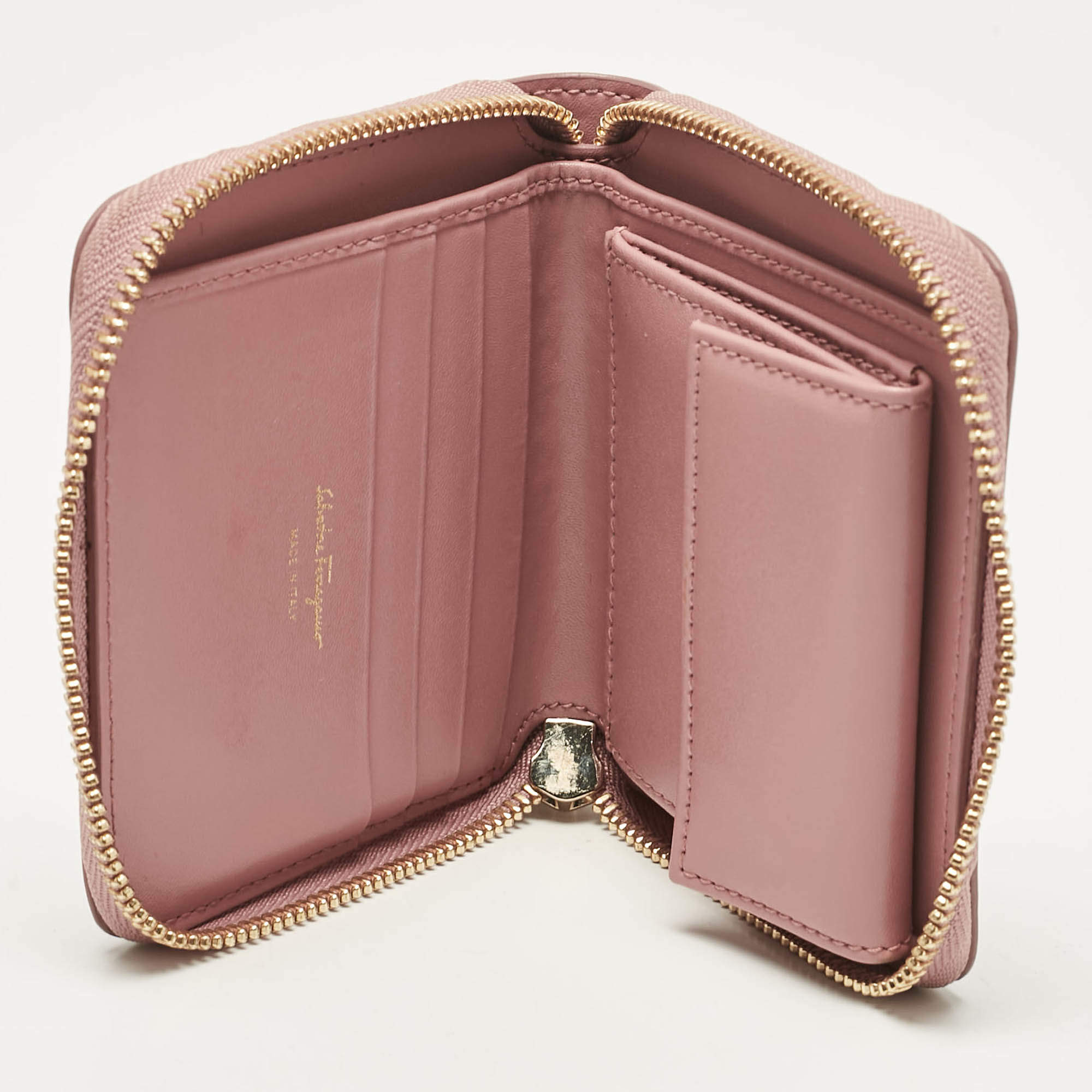 Salvatore Ferragamo Pink Leather Gancio Zip Compact Wallet