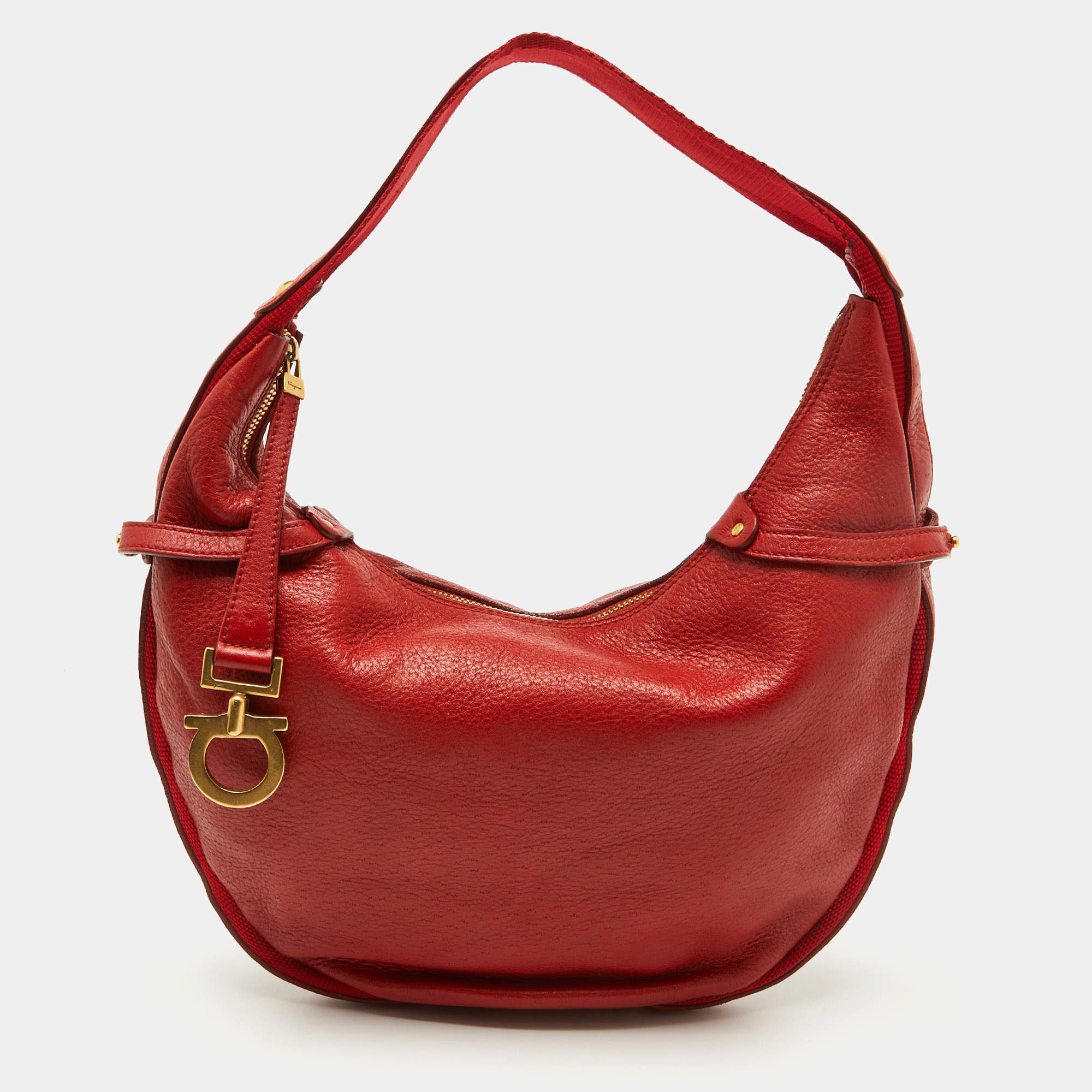 Salvatore Ferragamo Bright Red Leather and Fabric Logo Hobo