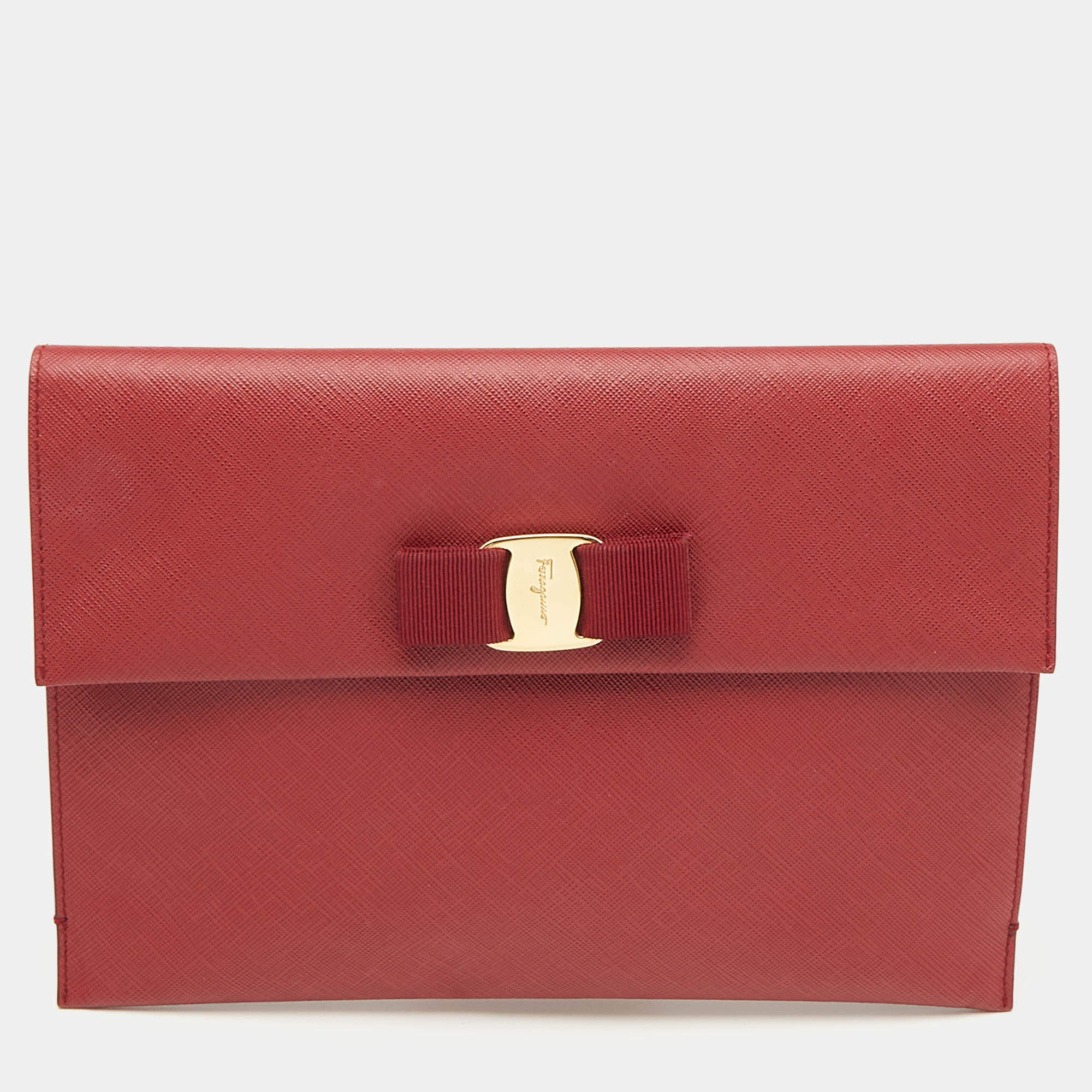 Pre Owned Salvatore Ferragamo Red Leather Miss Vara Slim Clutch