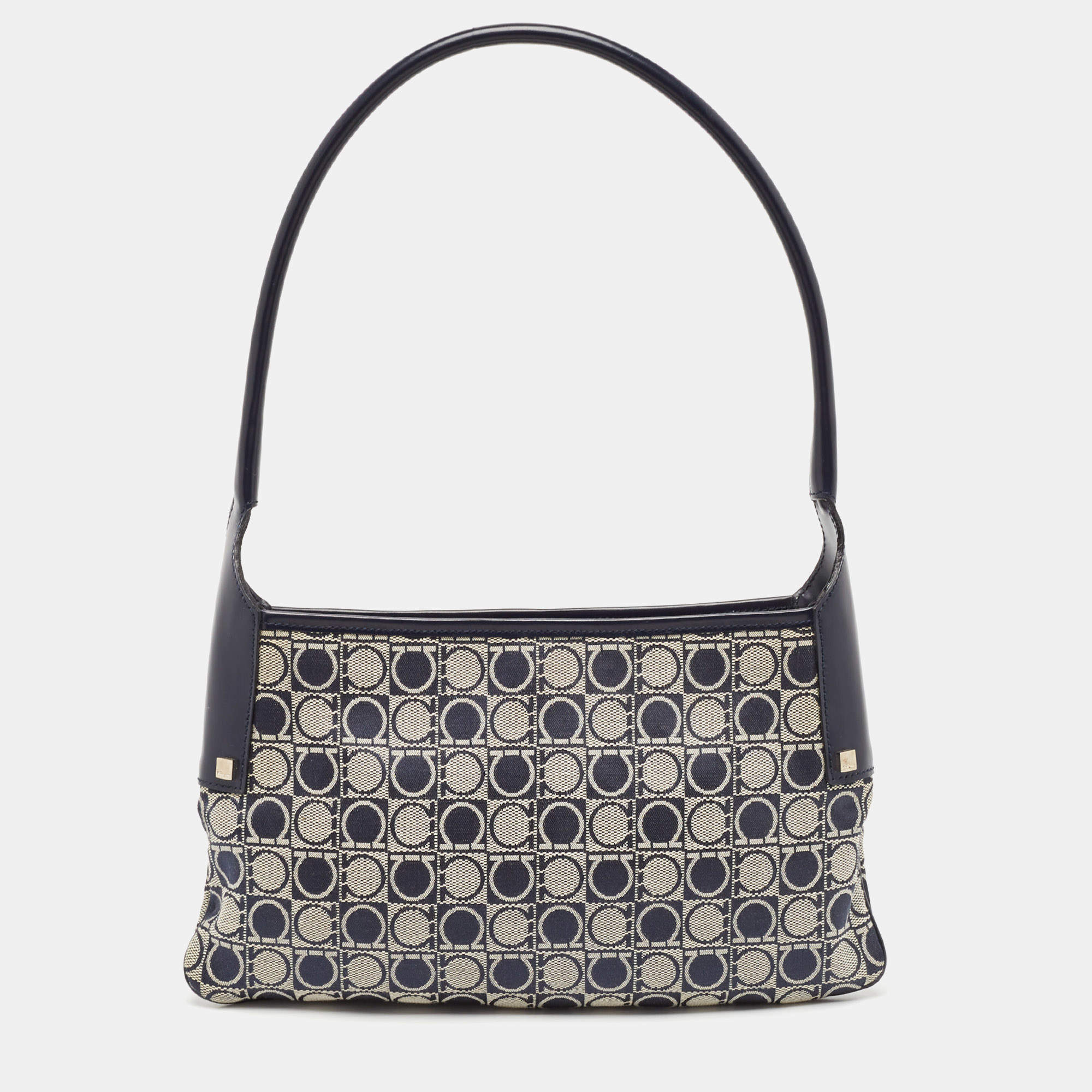 Salvatore Ferragamo Navy Blue Gancini Print Fabric and Leather Shoulder Bag