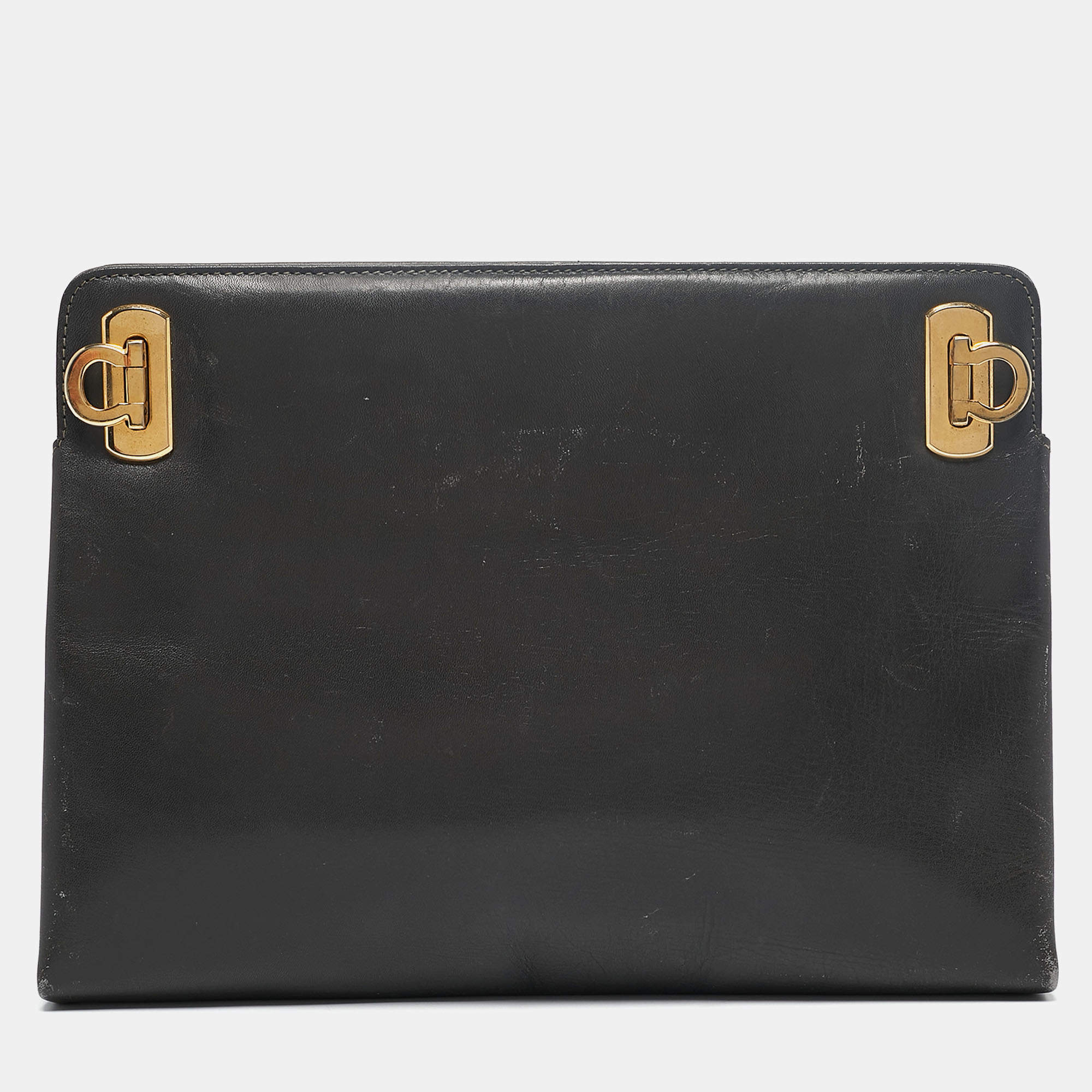 Pre Owned Salvatore Ferragamo Dark Grey Leather Clutch