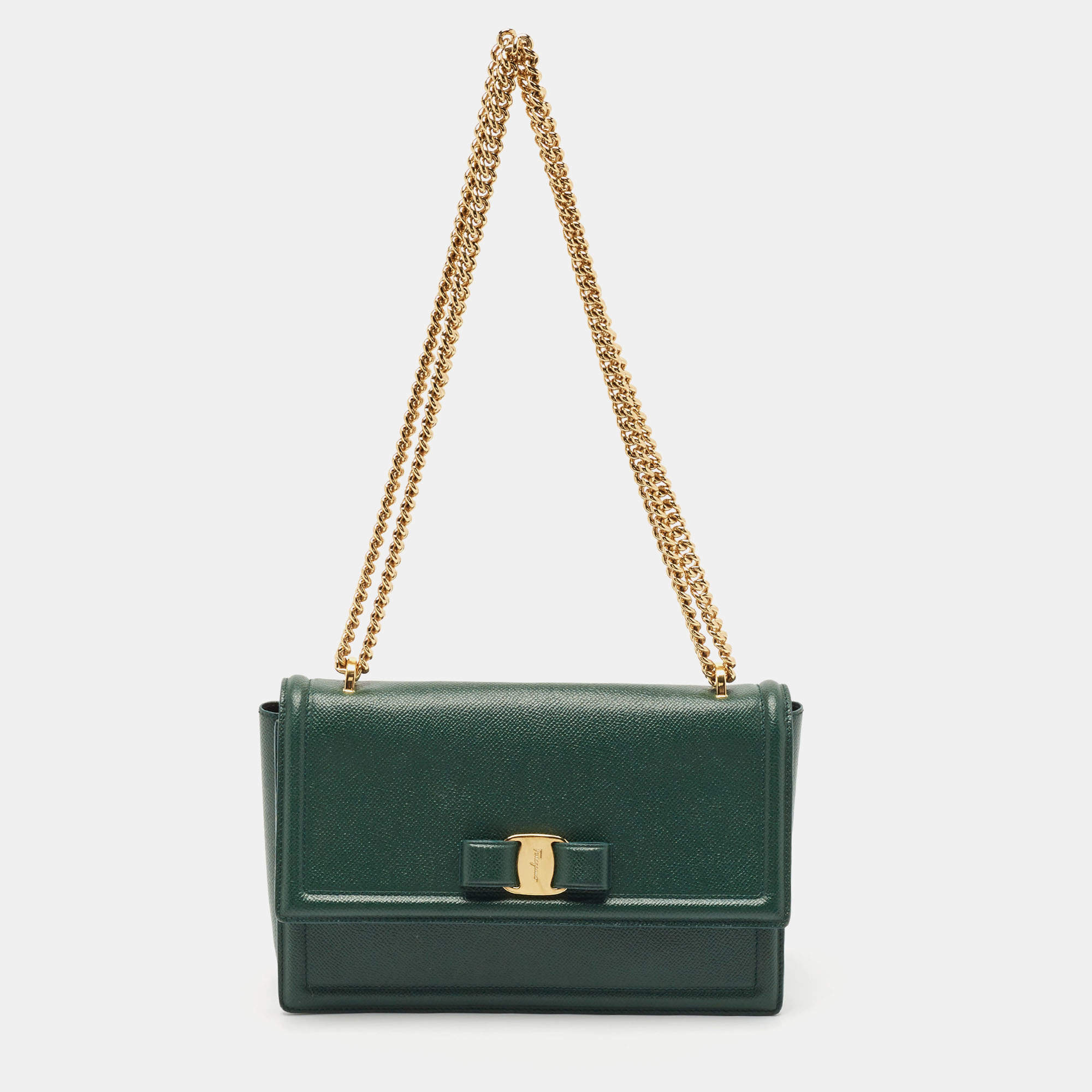 Pre Owned Salvatore Ferragamo Green Leather Ginny Shoulder Bag