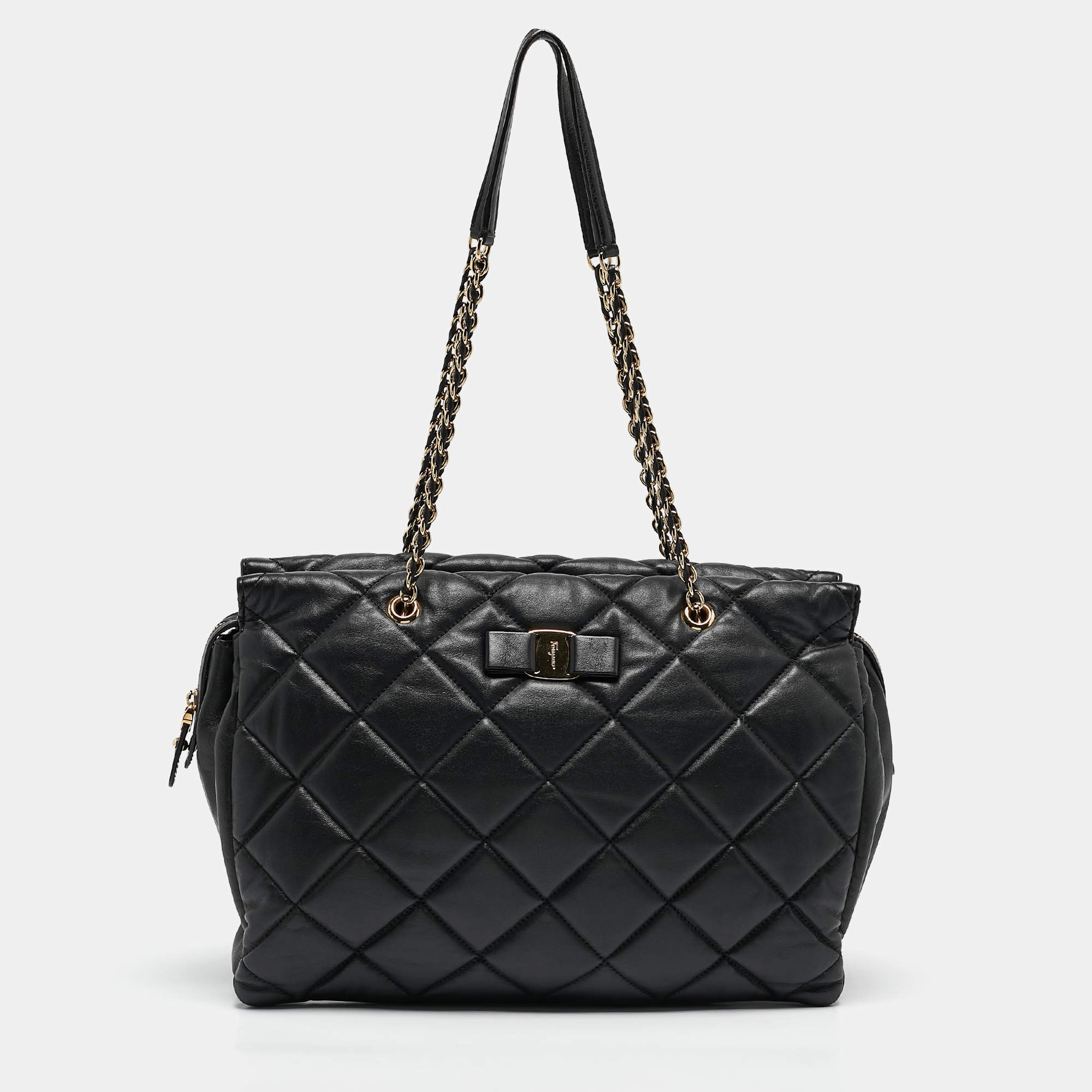 Salvatore Ferragamo Black Quilted Leather Ginette Chain Shoulder Bag