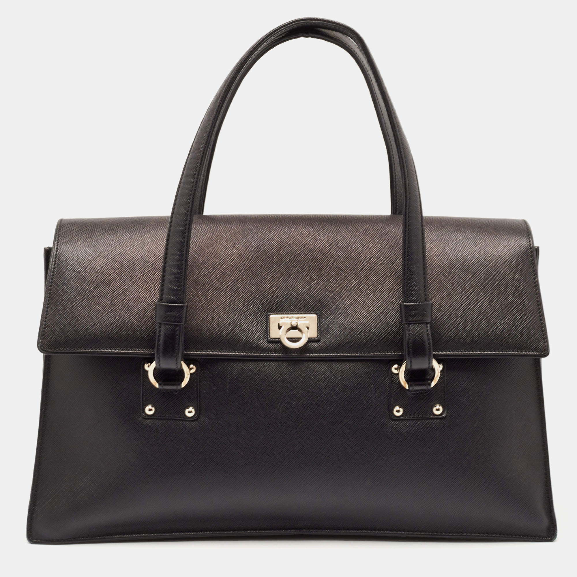 Pre Owned Salvatore Ferragamo Black Saffiano Leather Gancini Flap Satchel