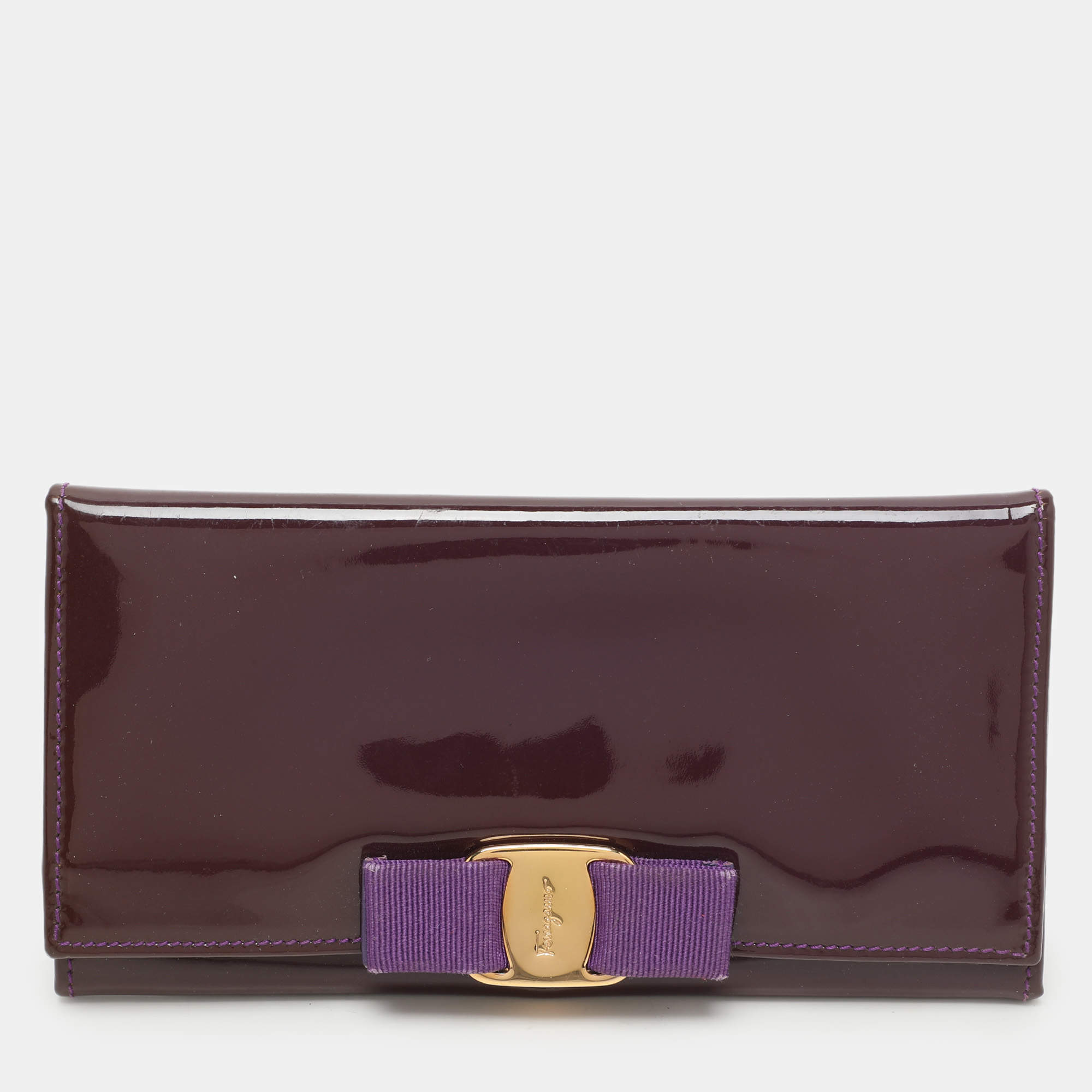 Salvatore Ferragamo Purple Patent Leather Vara Bow Continental Wallet
