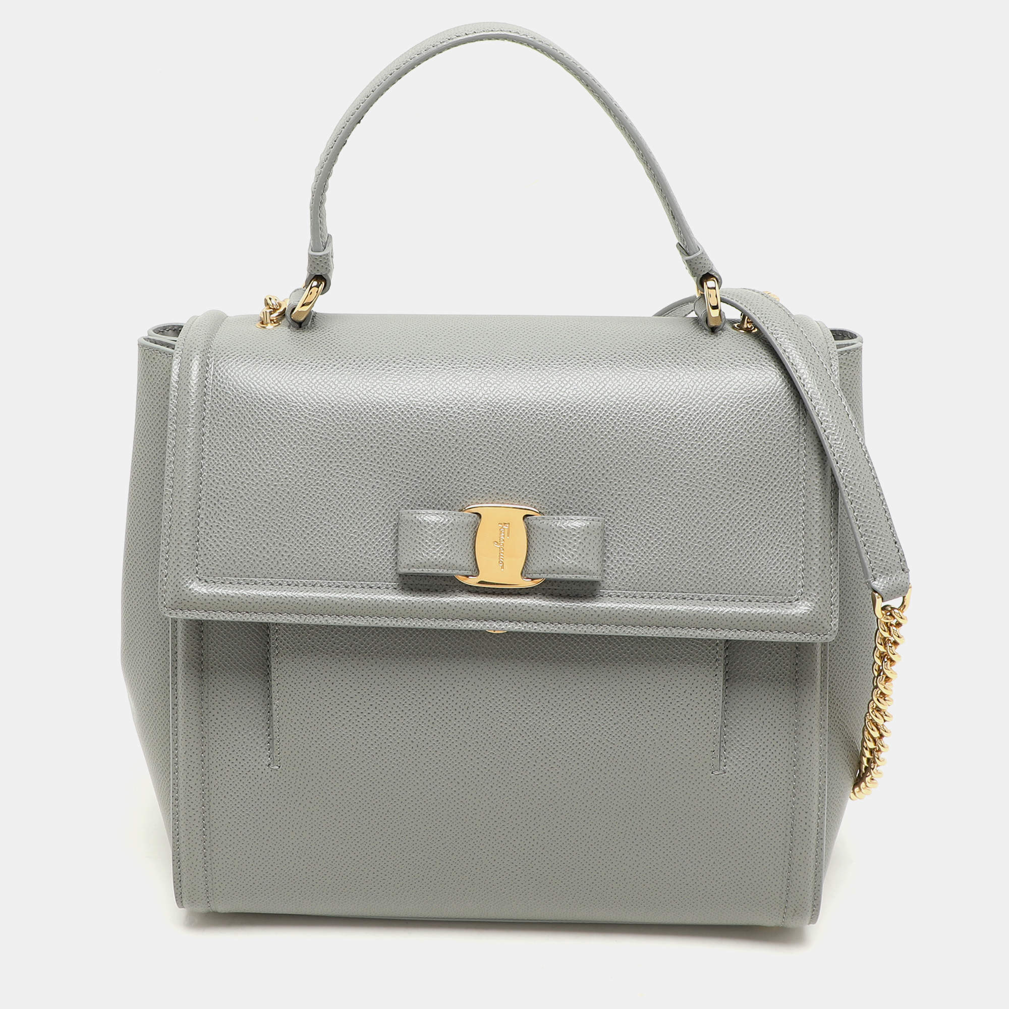 Pre Owned Salvatore Ferragamo Grey Leather Bow Top Handle Bag