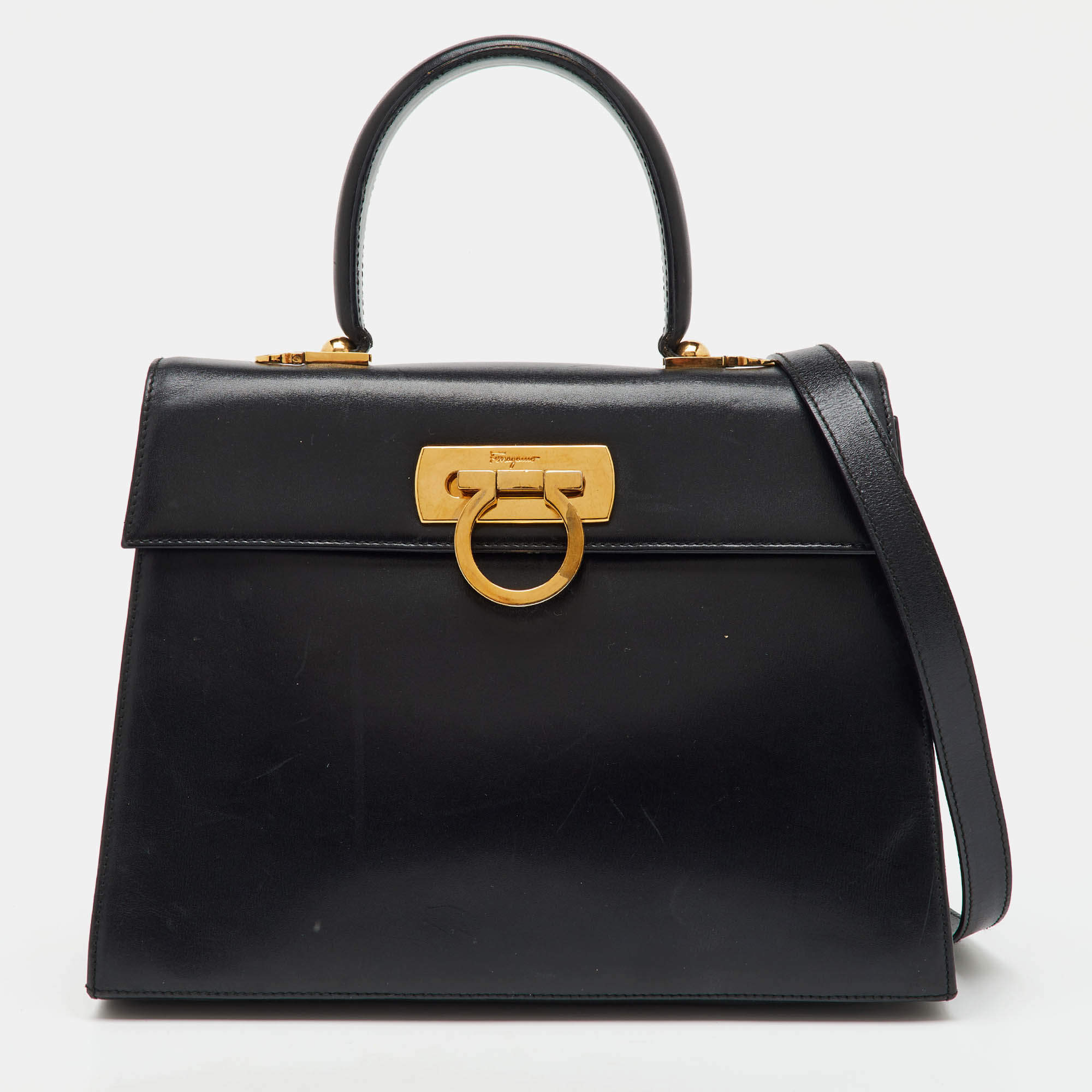 Salvatore Ferragamo Black Leather Iconic Gancini Flap Top Handle Bag