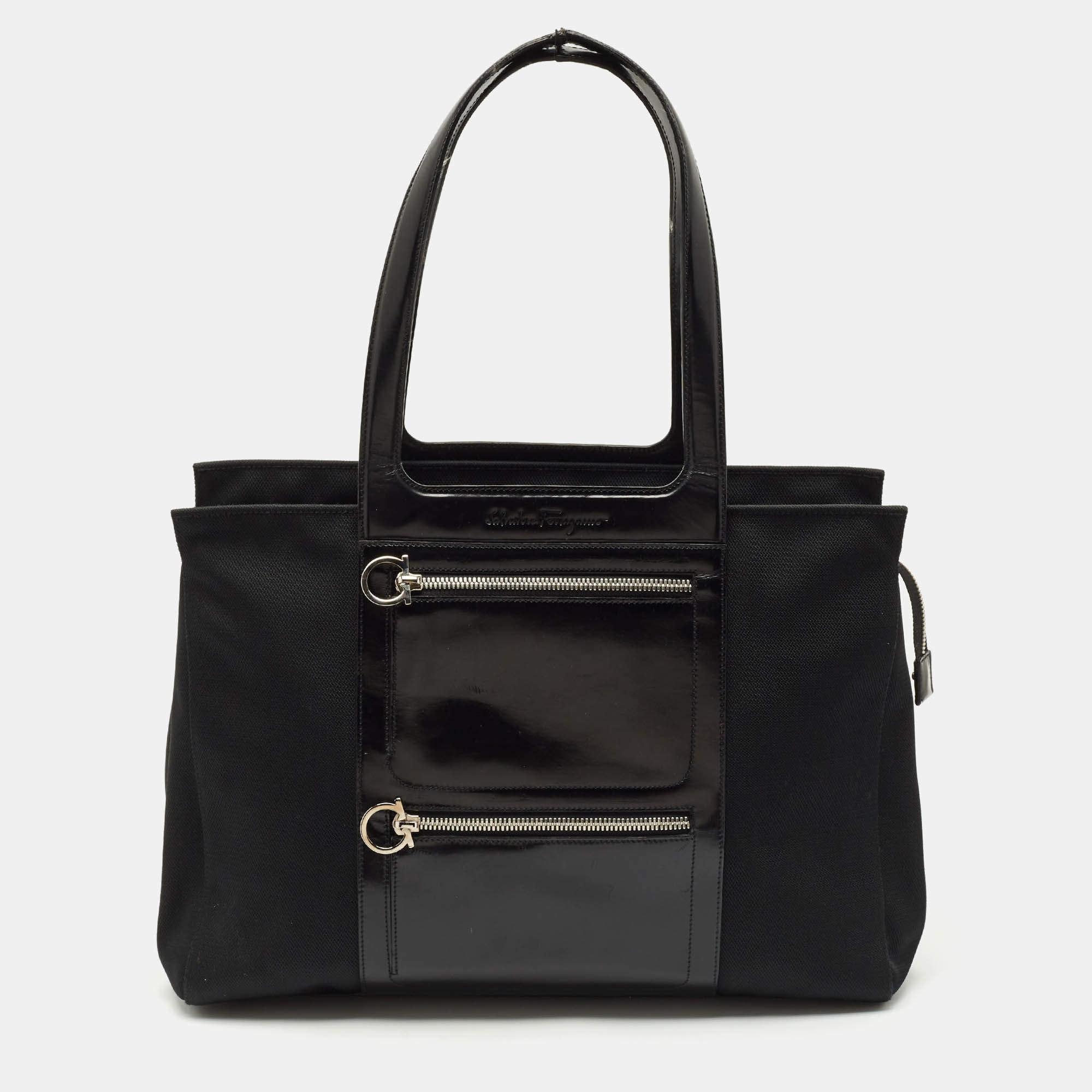 Salvatore Ferragamo Black Leather and Nylon Ganici Pocket Tote