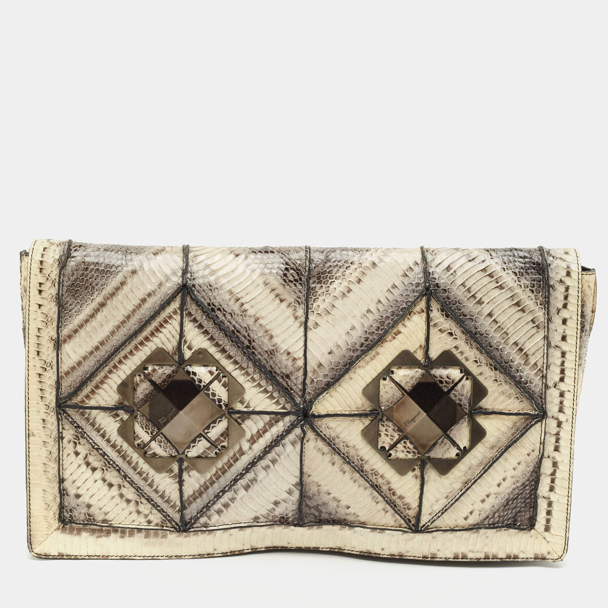 Pre Owned Salvatore Ferragamo Grey Snakeskin Flap Clutch
