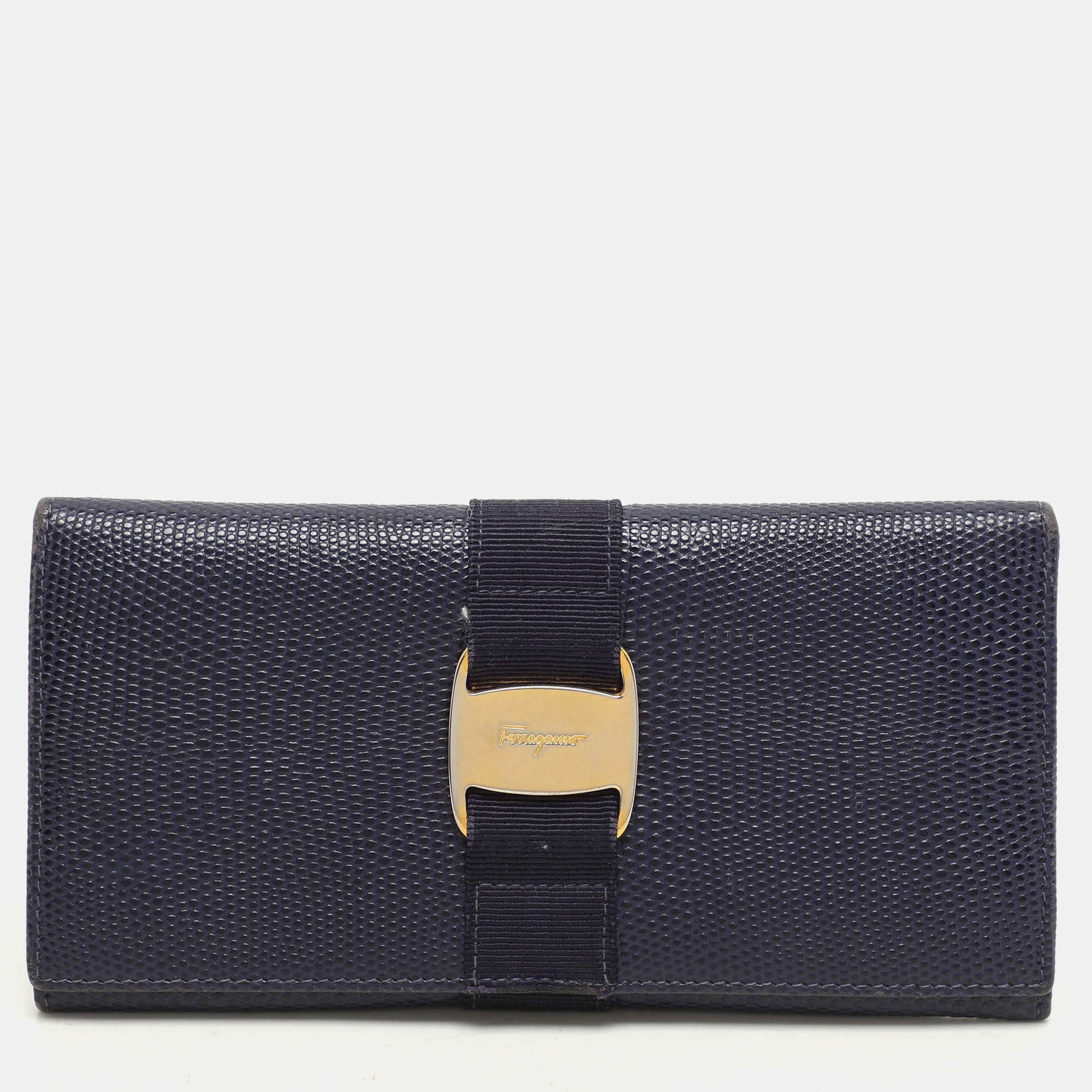 Salvatore Ferragamo Indigo Lizard Leather Vara Bow Continental Wallet