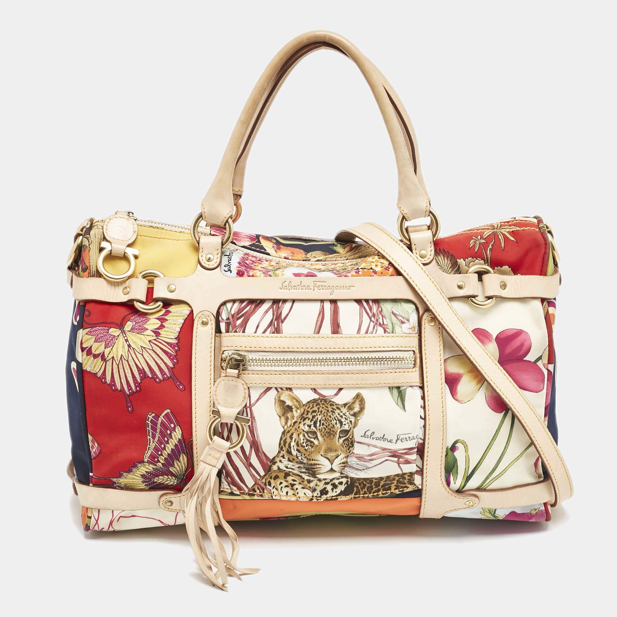 Salvatore Ferragamo Multicolor Printed Satin and Leather Fiera Satchel