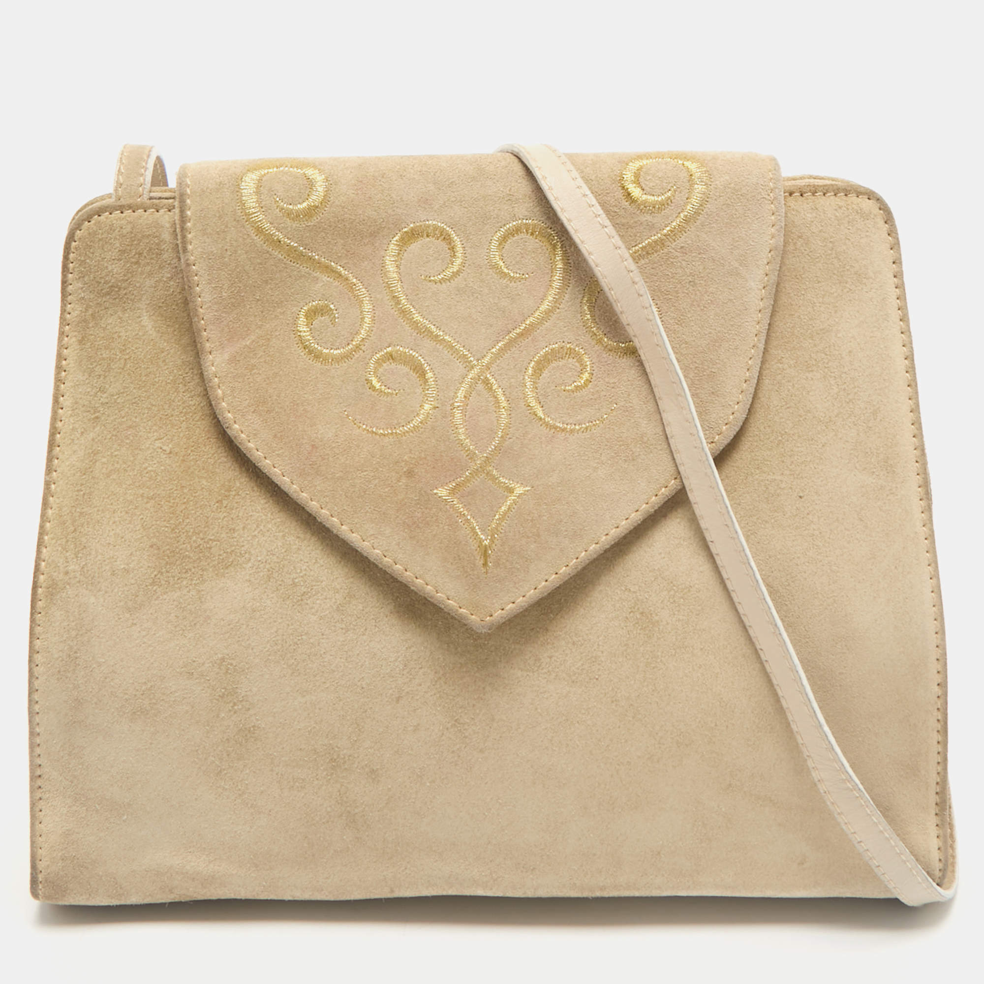 Salvatore Ferragamo Beige Suede Flap Crossbody Bag