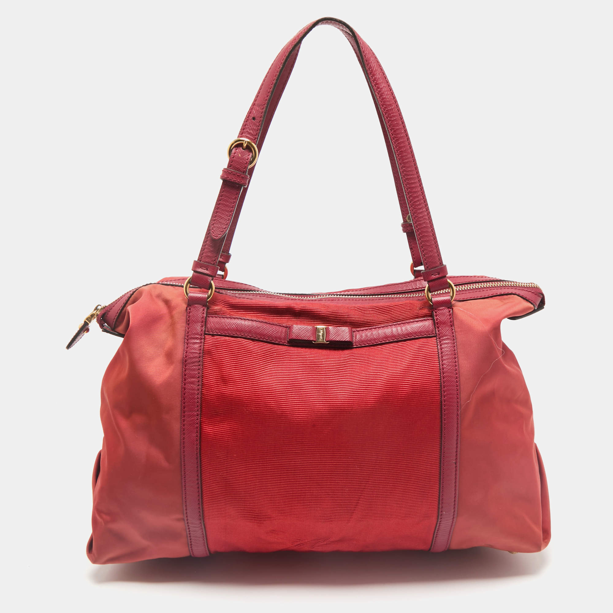 Salvatore Ferragamo Red/Orange Leather and Nylon Vara Bow Tote